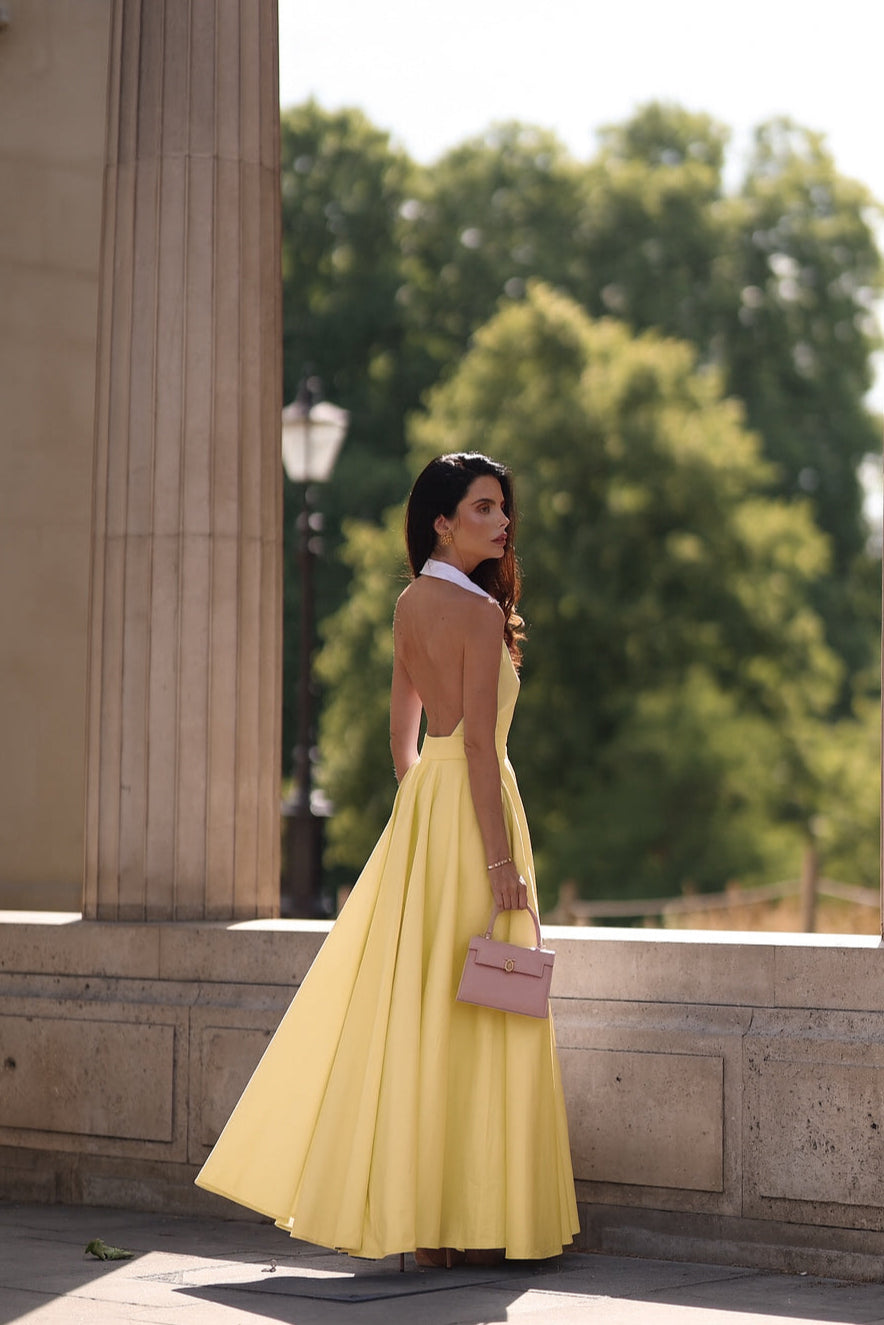 PRE-ORDER Pure Cotton Collared Halter Maxi Dress (Butter Yellow)