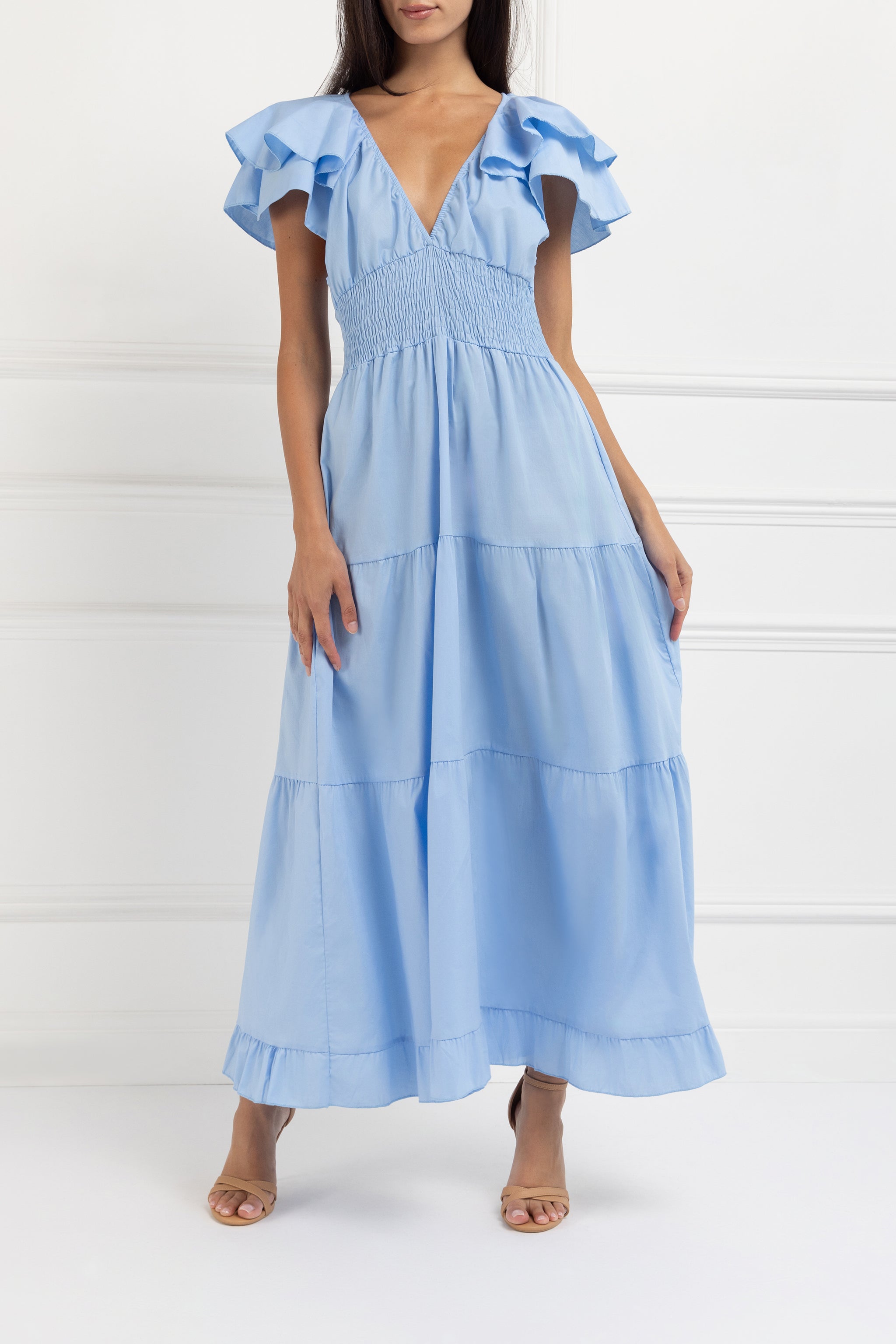 Flutter Sleeve V-Neck Maxi Dress (Powder Blue)