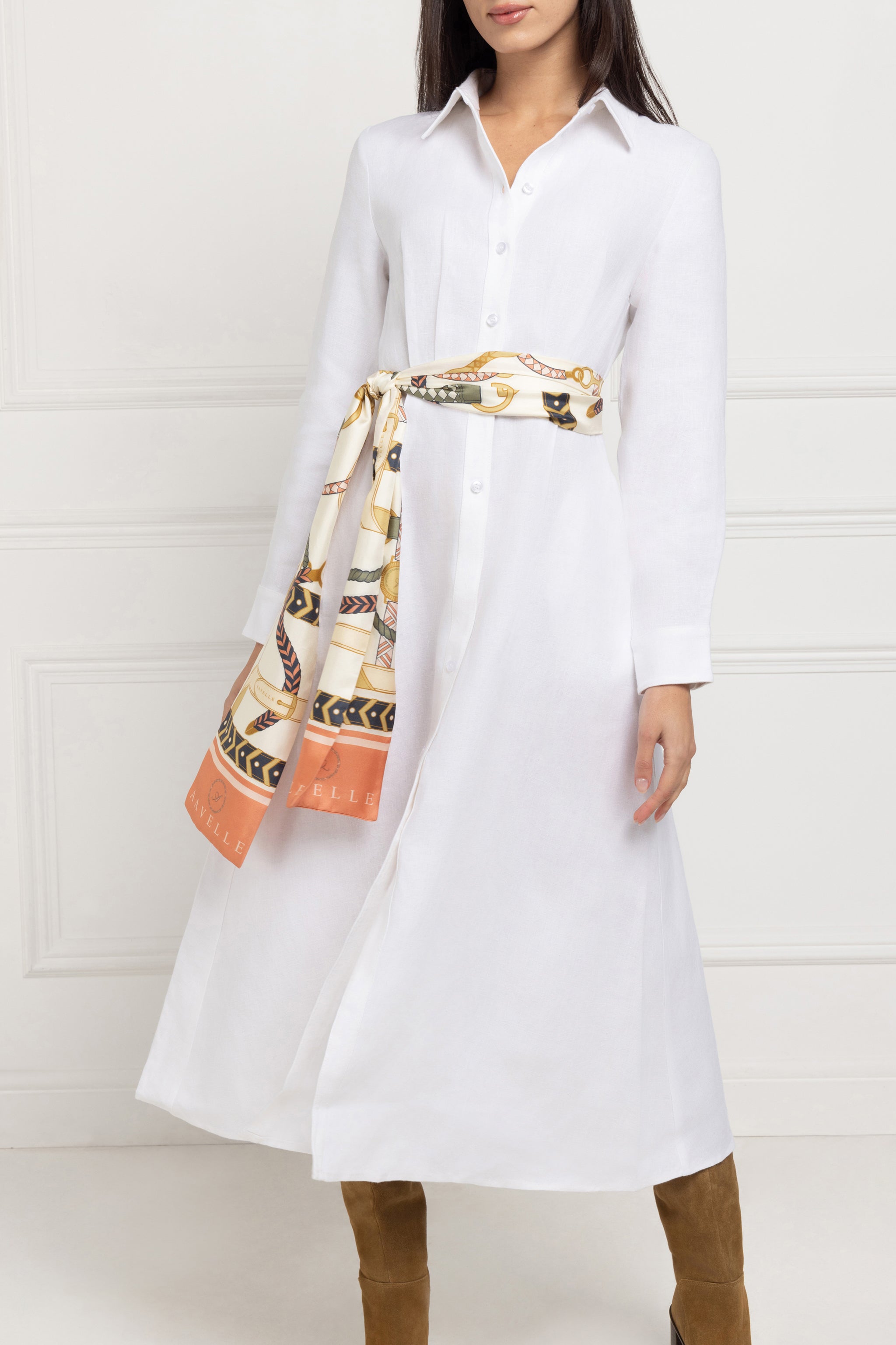 Heavy Weight Pure Linen Midi Shirt Dress (White)