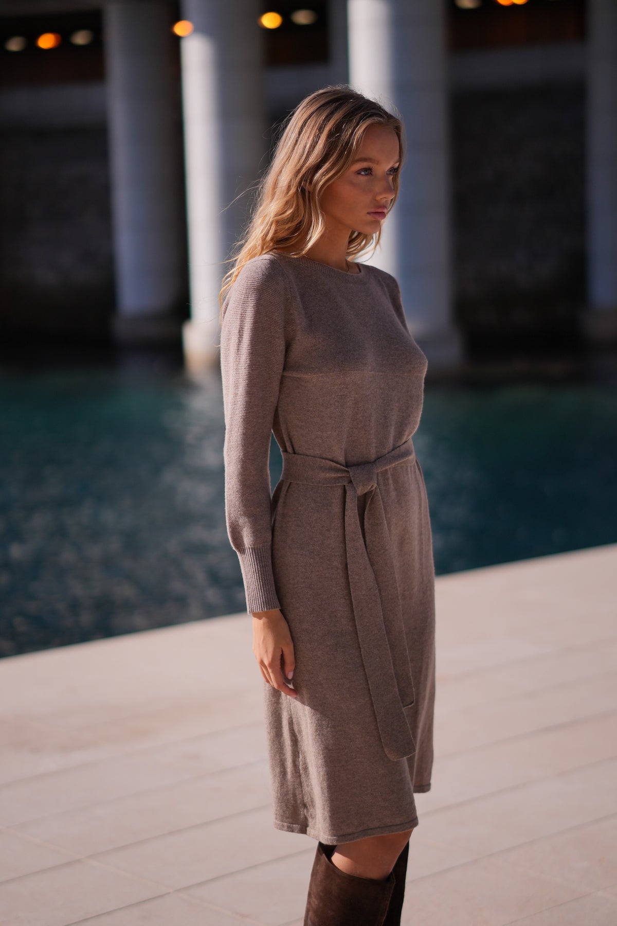 Pure Merino Boat Neck Knit Dress (Mink) | Aavelle