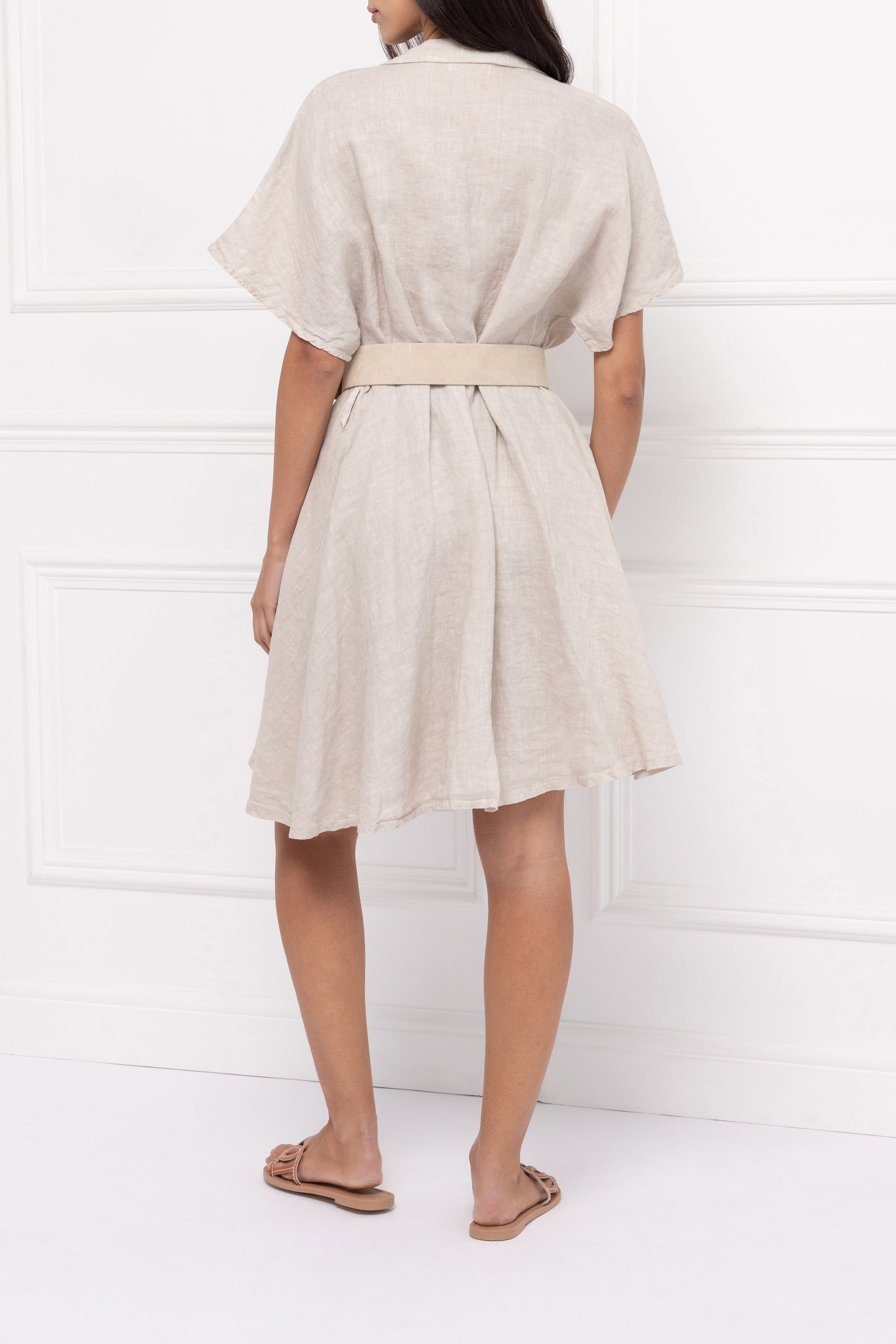 Pure Linen Plunging Shirt Dress (Stone)