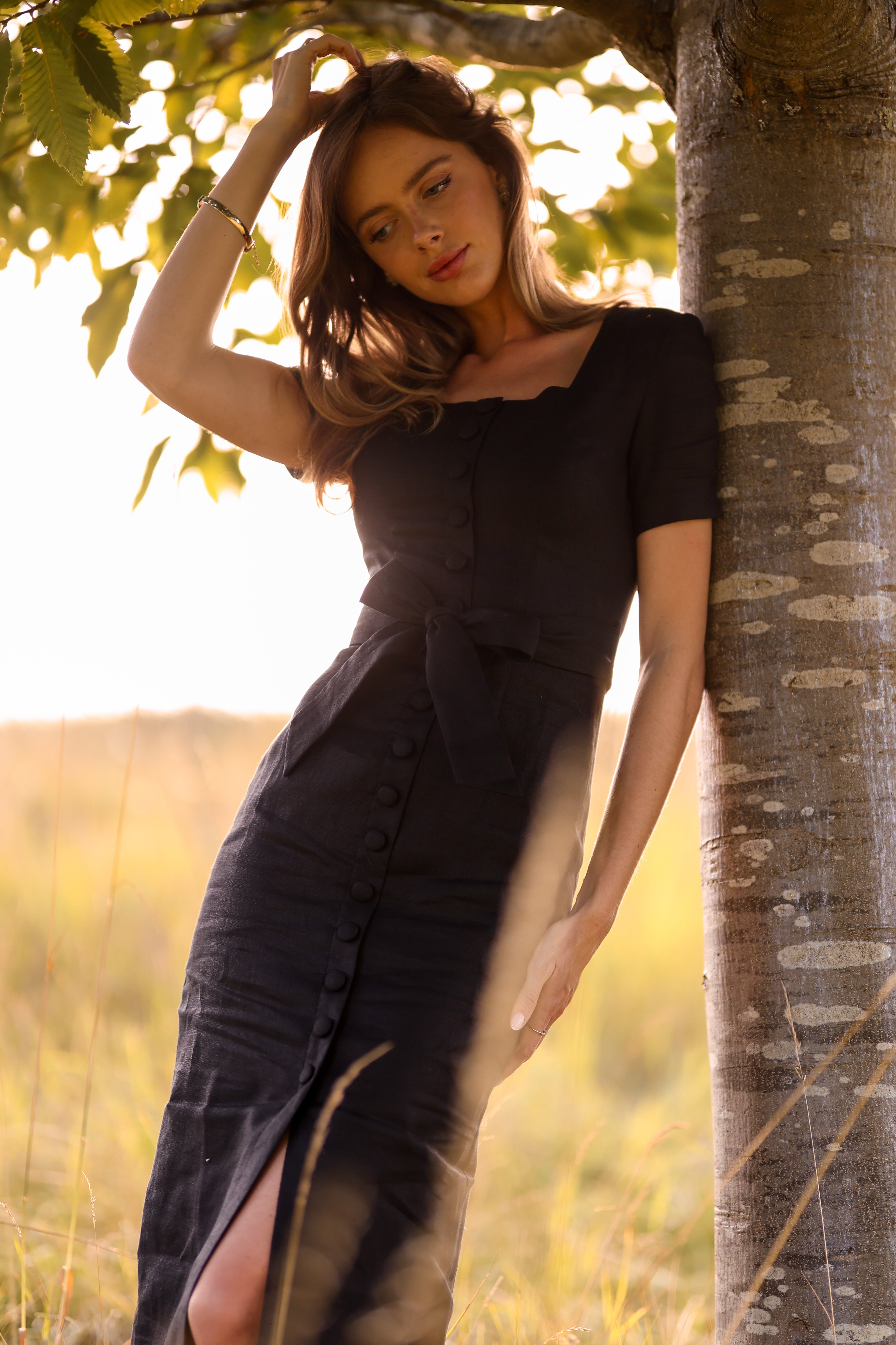 Short Sleeve Linen Midi Dress (Black) | Aavelle Short Sleeve Linen Midi Dress (Black) | Aavelle