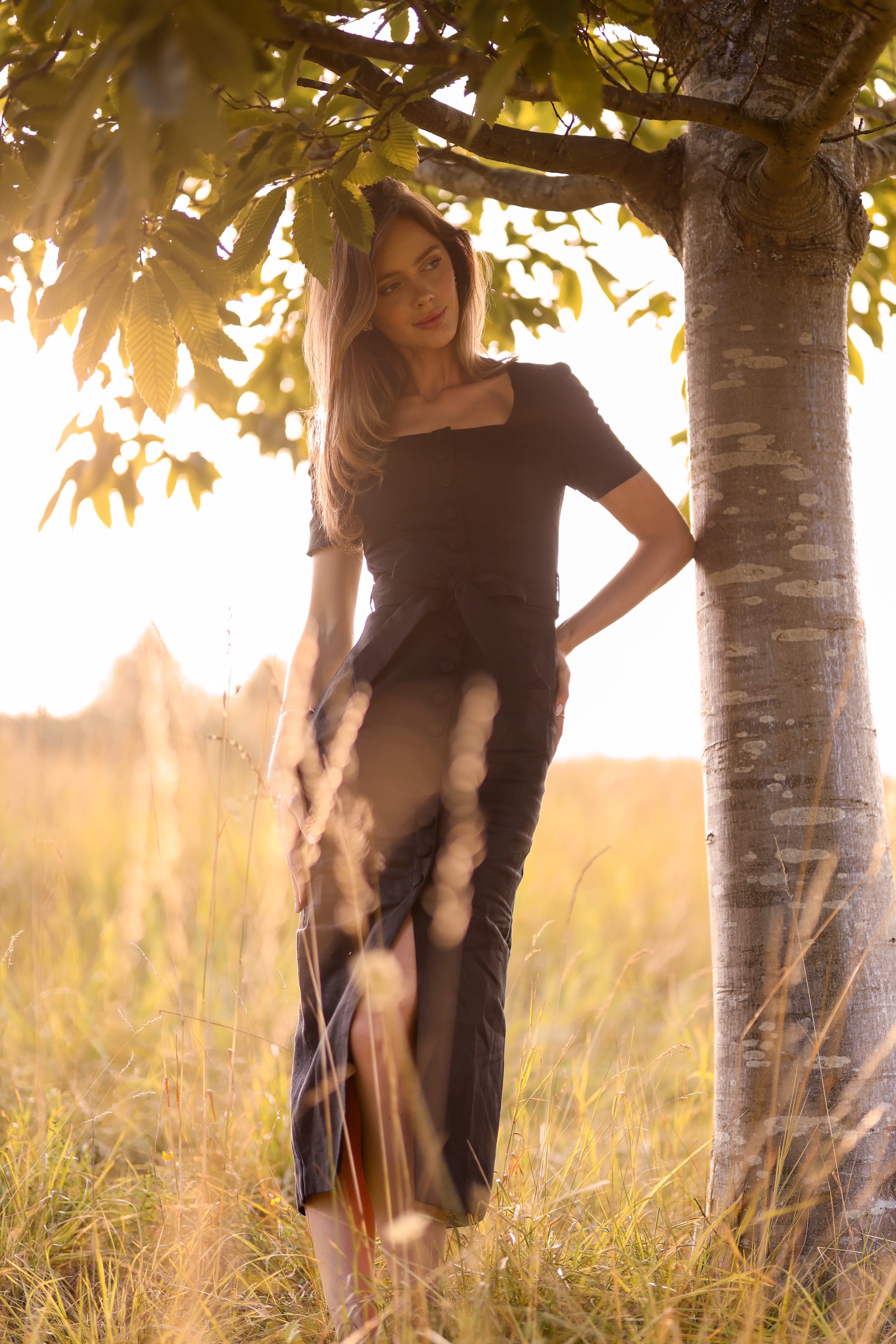Short Sleeve Linen Midi Dress (Black) | Aavelle Short Sleeve Linen Midi Dress (Black) | Aavelle