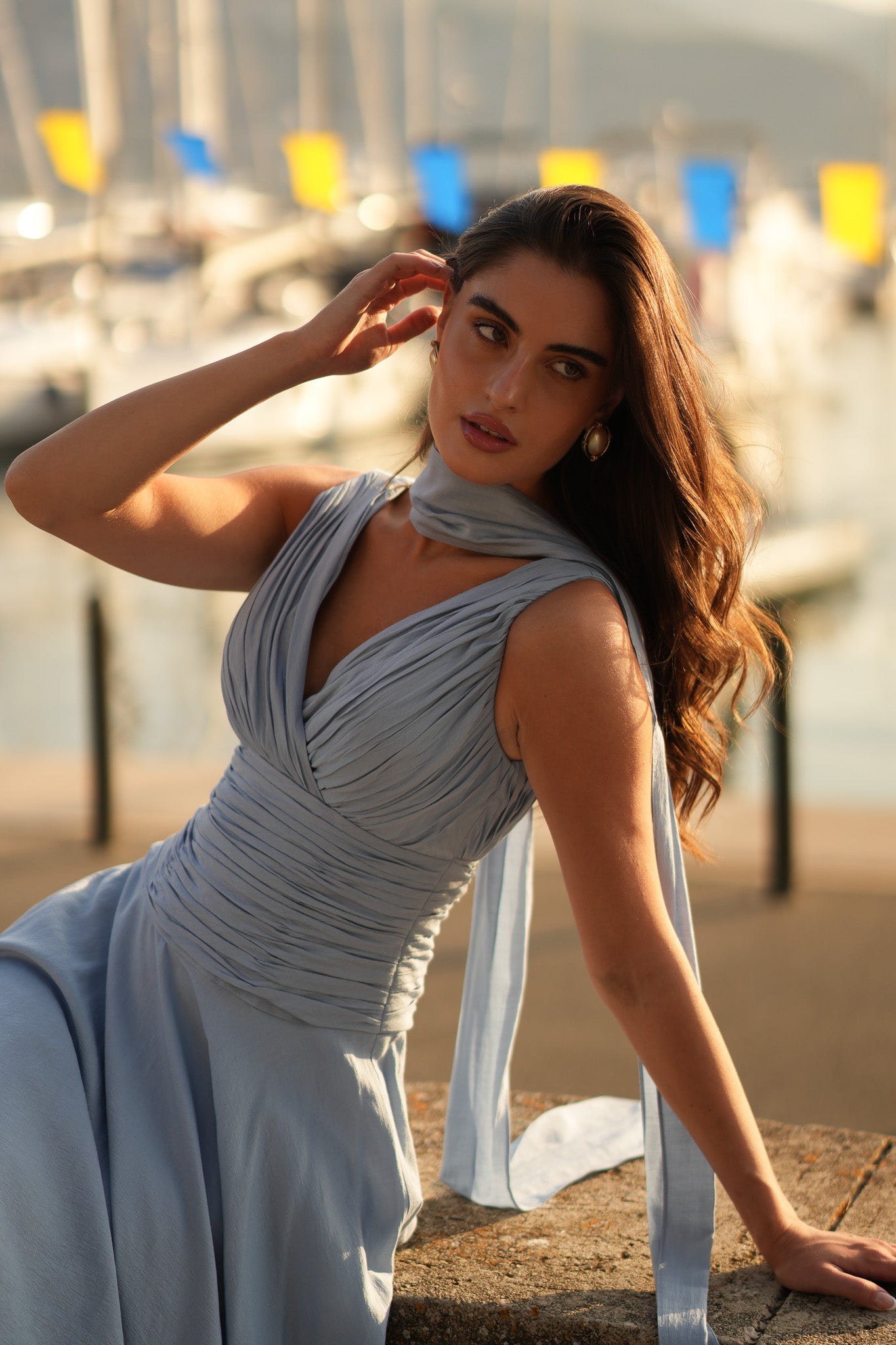 Ruched Voile Midi Dress (Powder Blue)