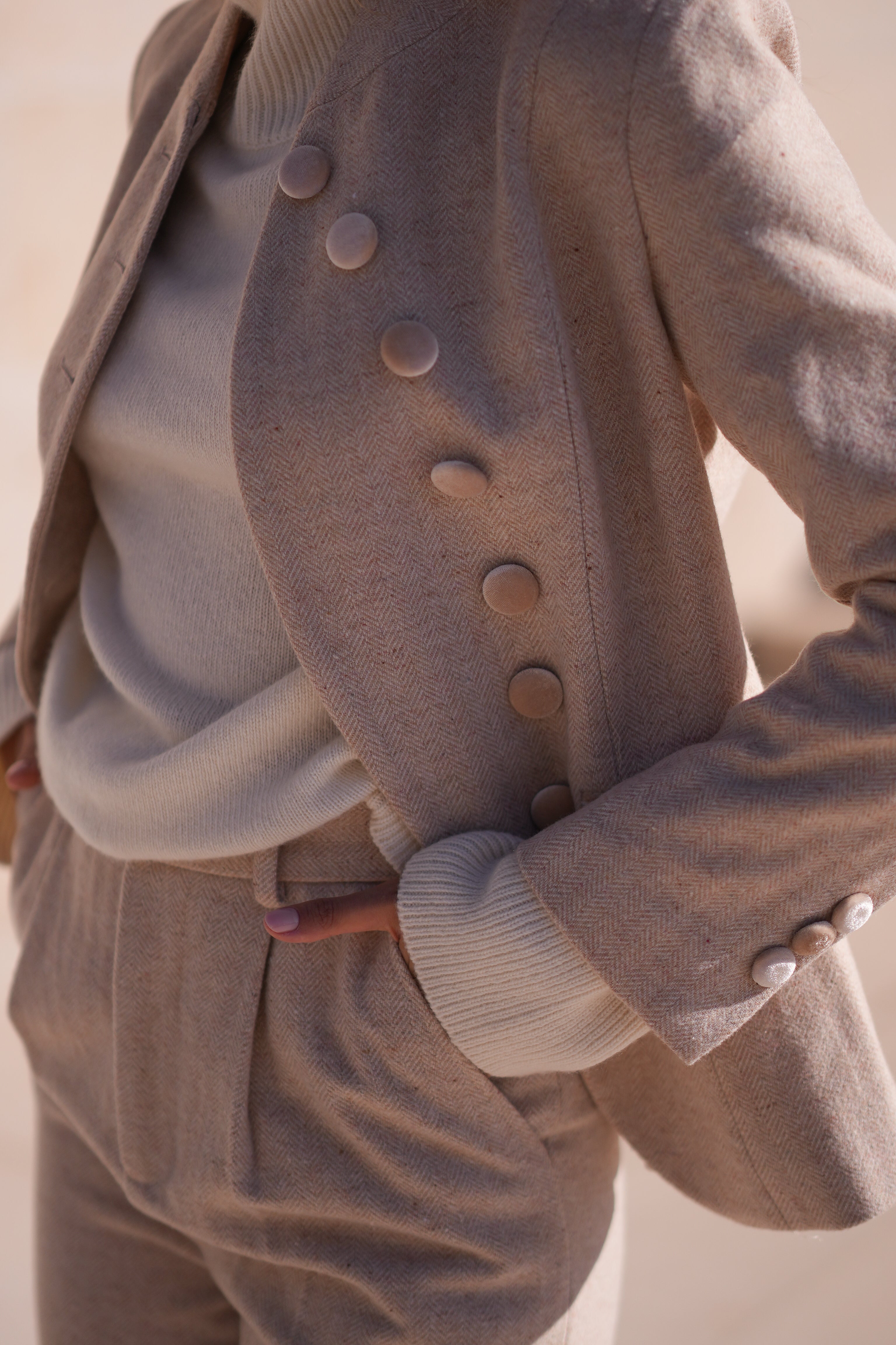 Chevron Tweed Straight Leg Trouser (Crème)