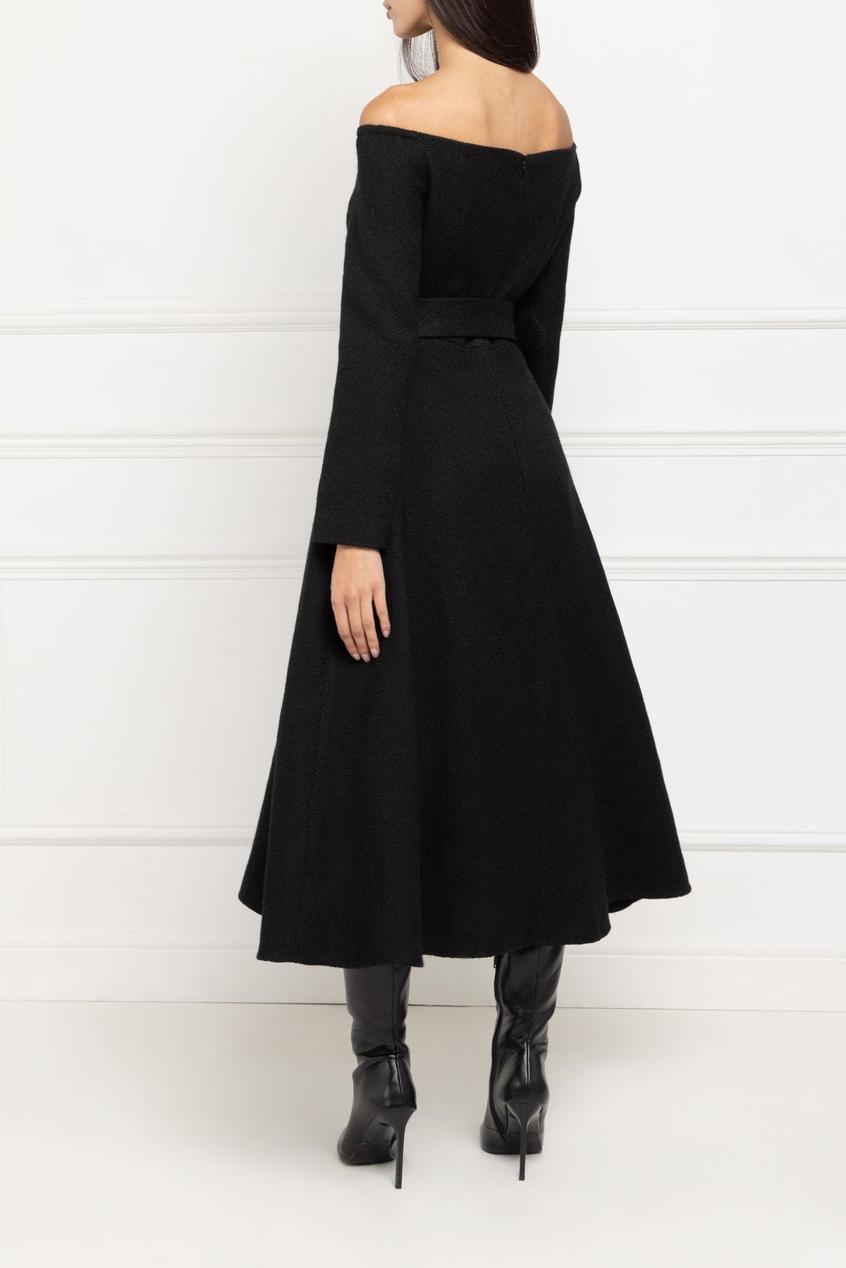 Bardot Belted Bouclé Dress (Noir) | Aavelle