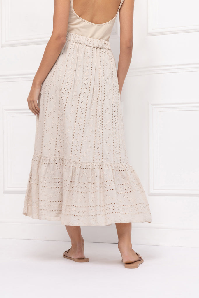 Pure Cotton Broderie Midi Skirt (Stone)