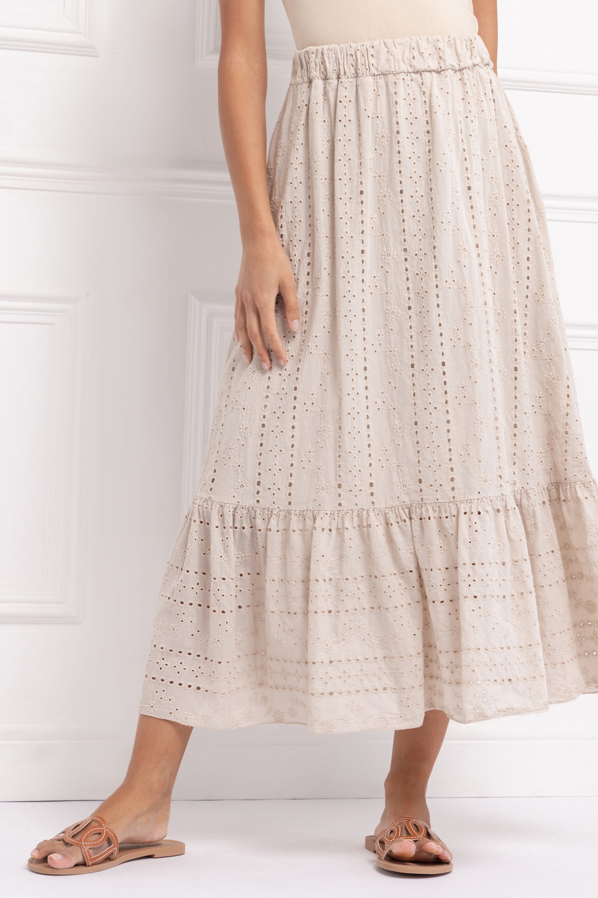Pure Cotton Broderie Midi Skirt (Stone)