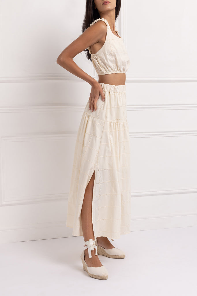 Pure Cotton Broderie Skirt Set (Crème)
