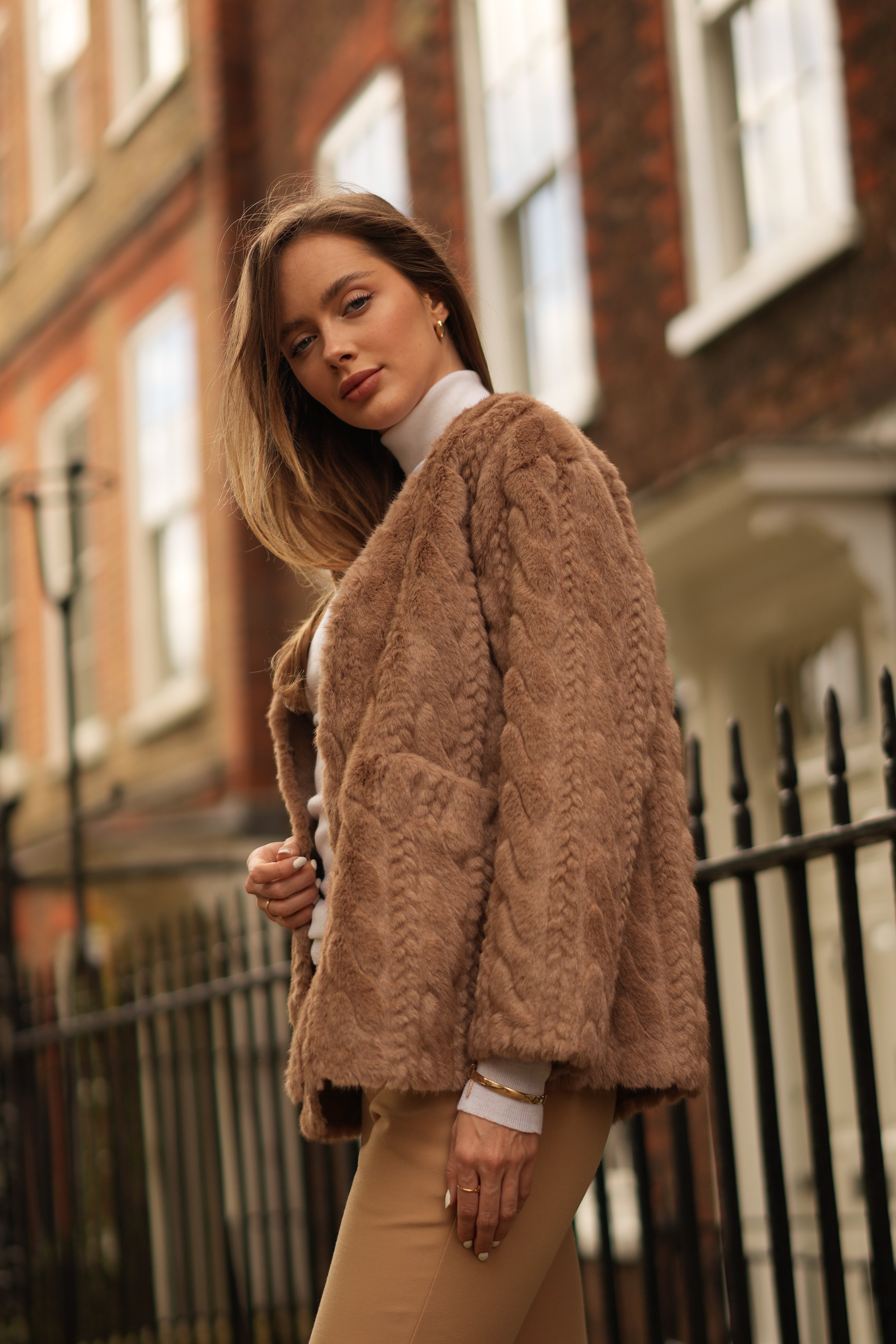 Faux Mink Cable Fur Jacket (Camel)