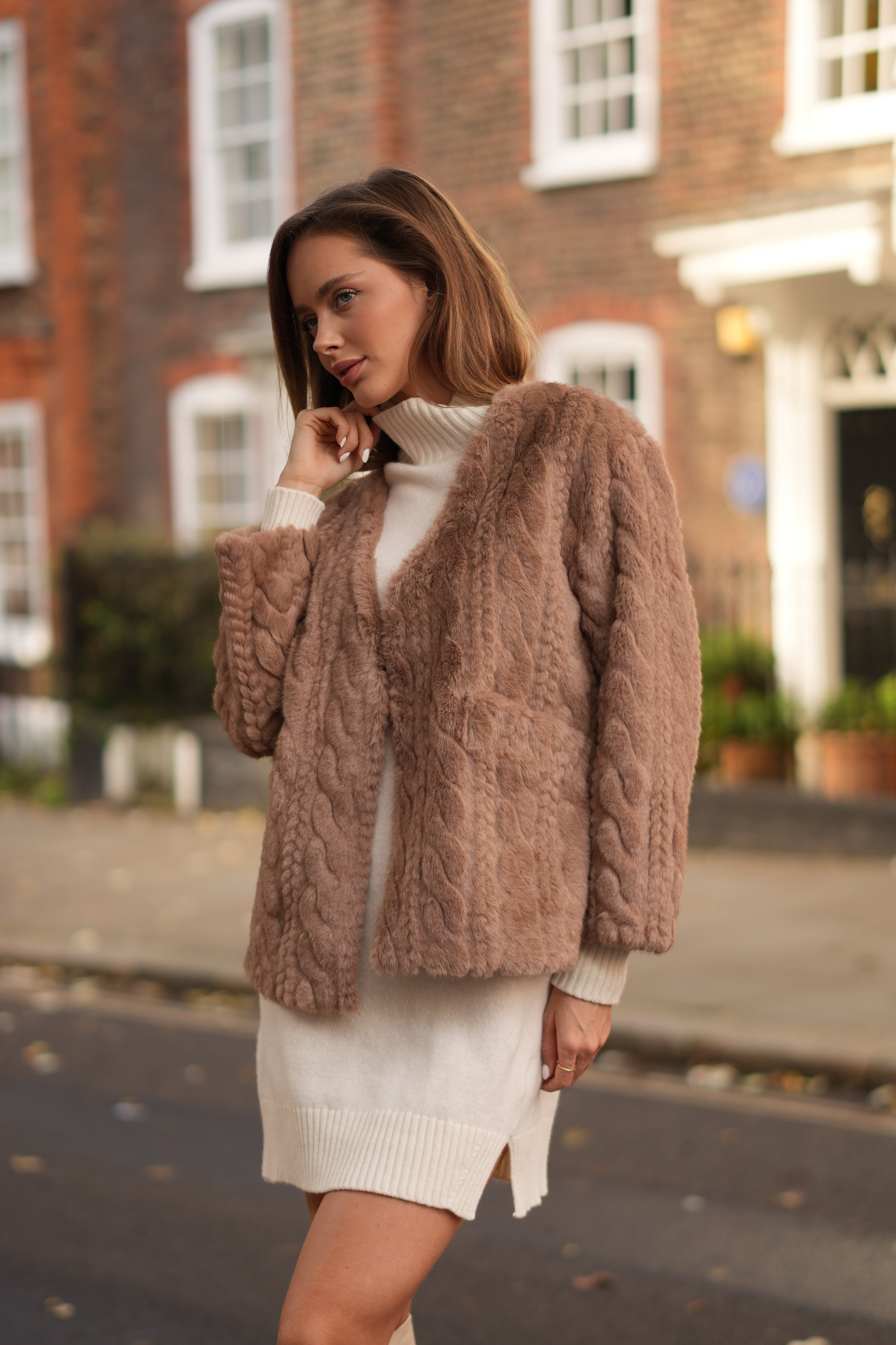 Faux Mink Cable Fur Jacket (Camel)