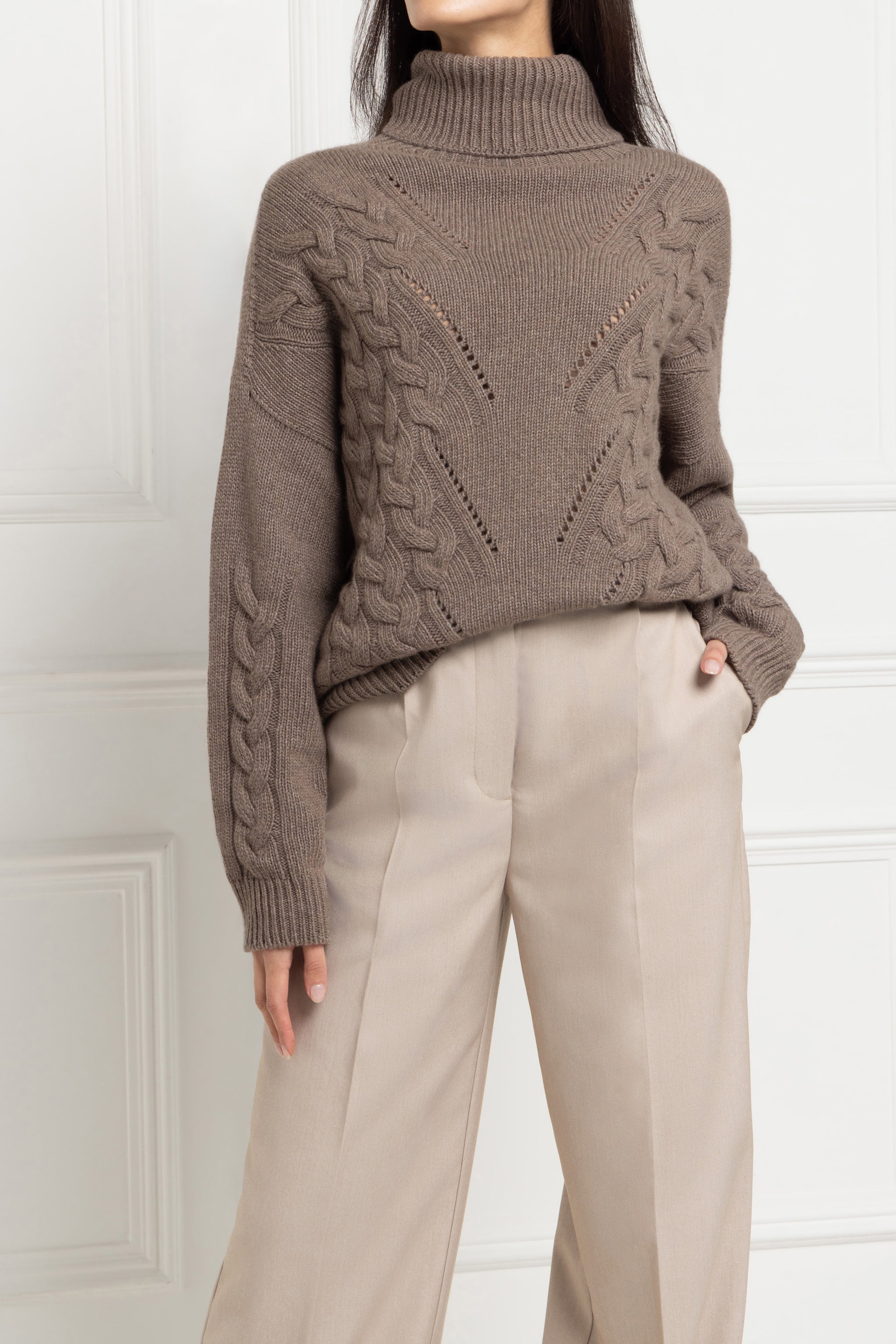 Beige Cable-knit cashmere-blend roll-neck sweater