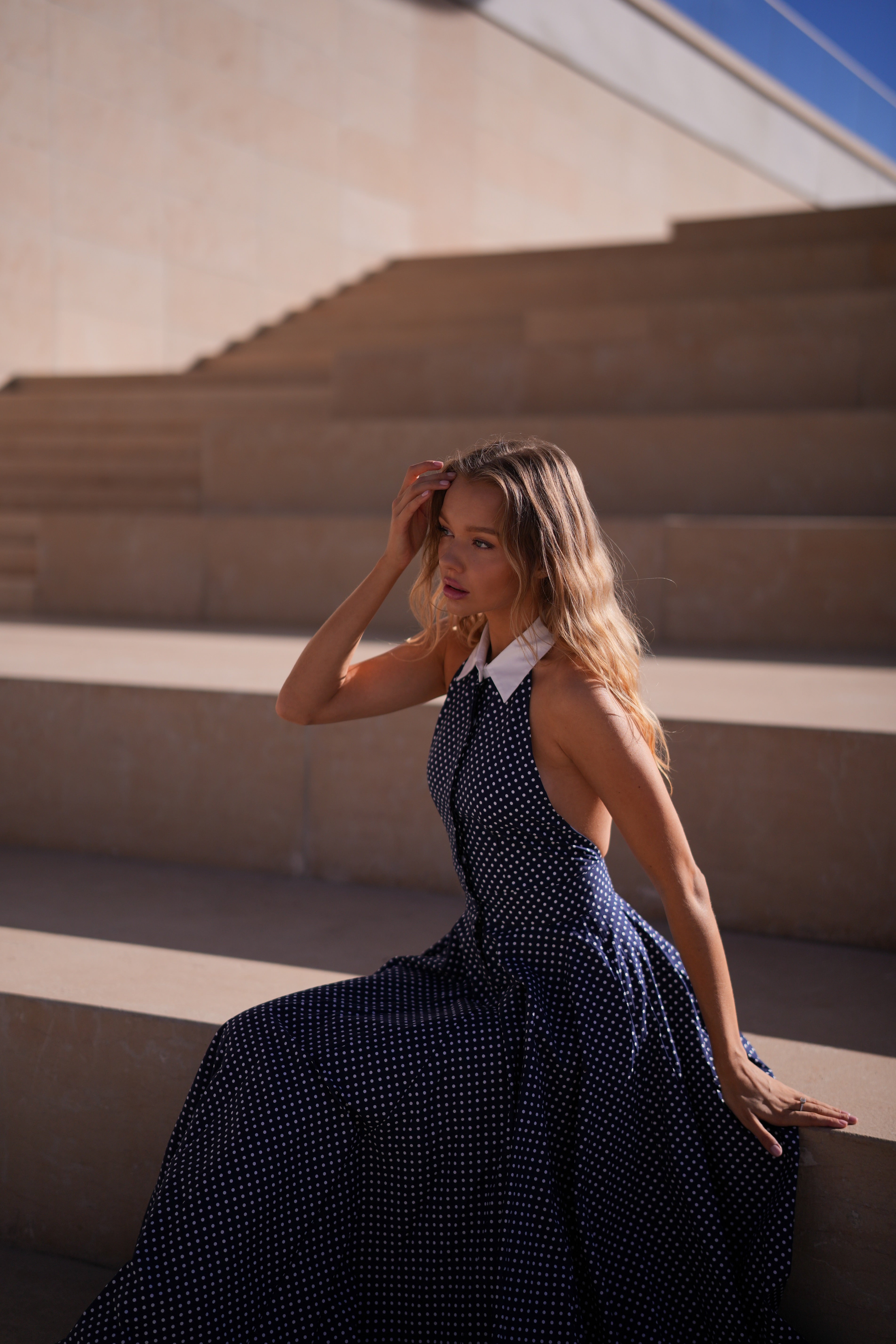 Pure Cotton Collared Halter Maxi Dress (Navy Polka) | Aavelle Pure Cotton Collared Halter Maxi Dress (Navy Polka) | Aavelle