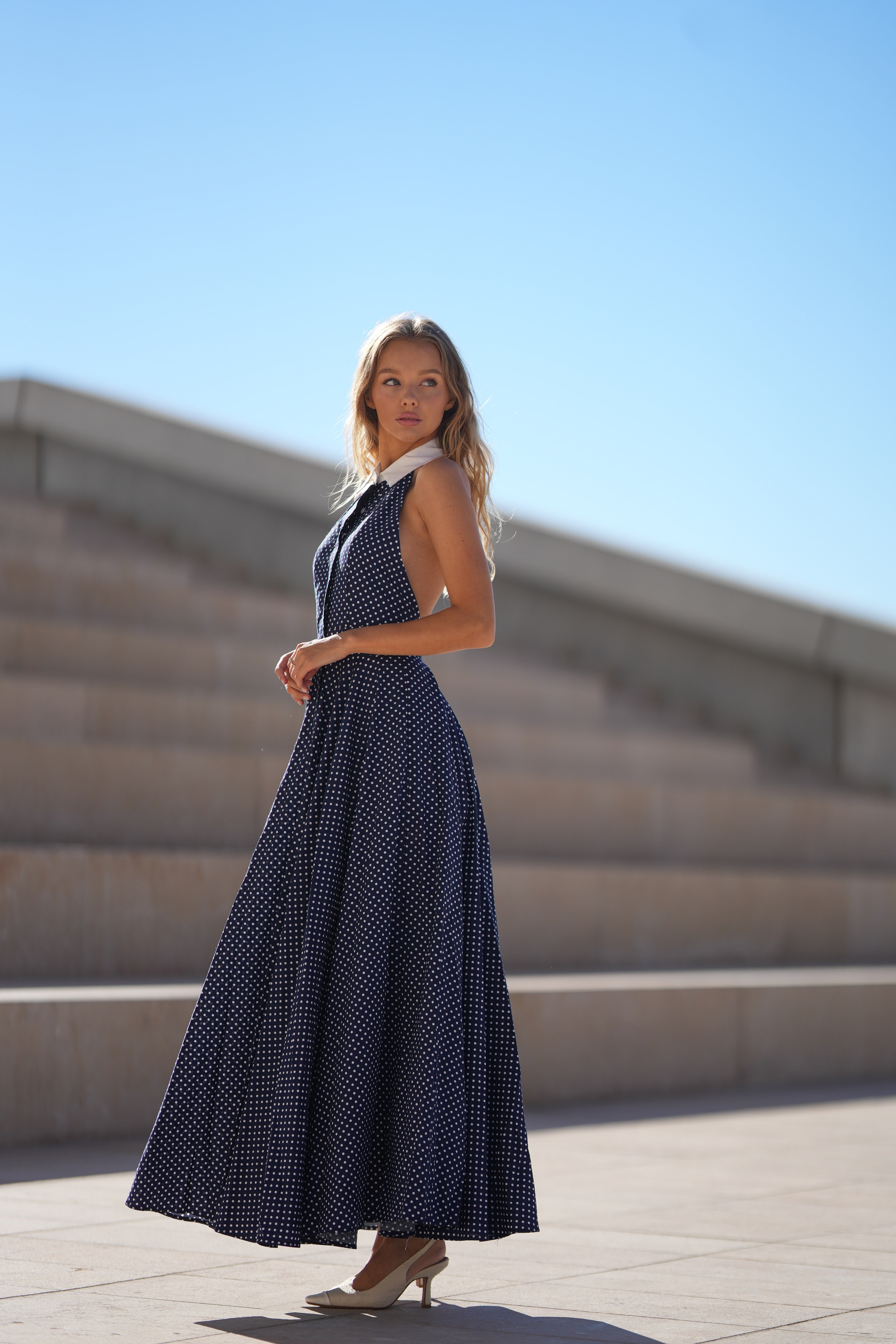 Pure Cotton Collared Halter Maxi Dress (Navy Polka)