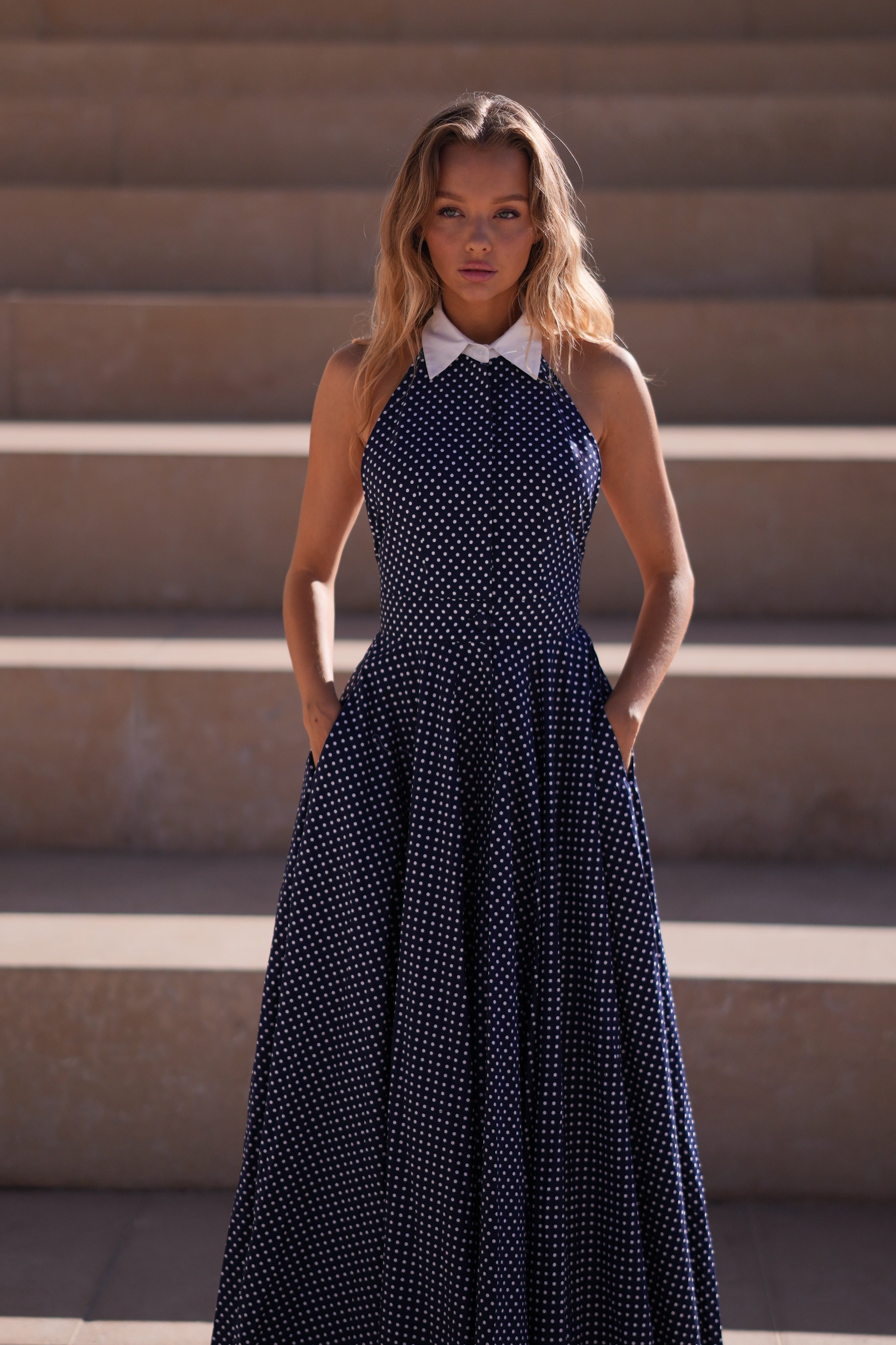 Pure Cotton Collared Halter Maxi Dress (Navy Polka)