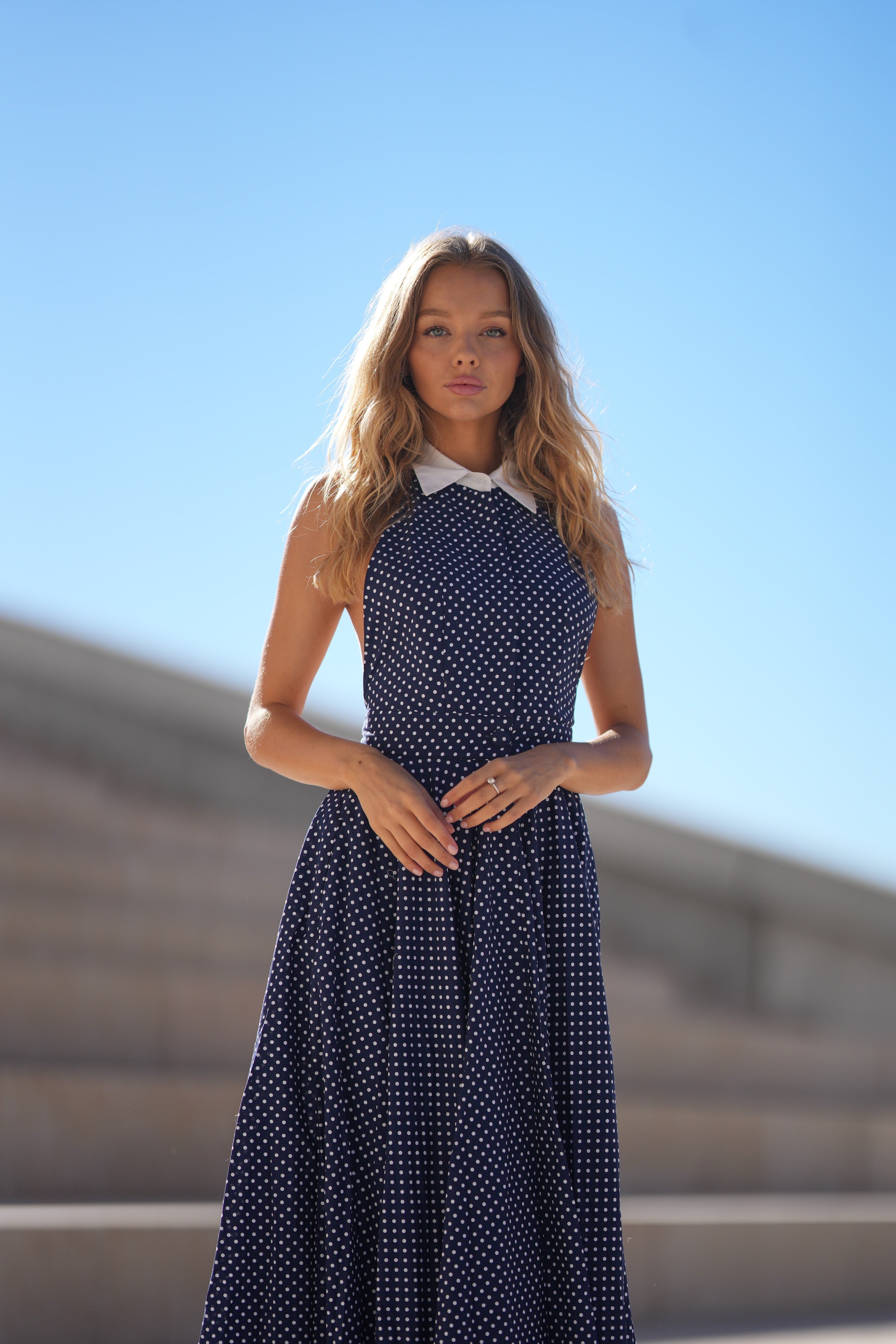 Pure Cotton Collared Halter Maxi Dress (Navy Polka)