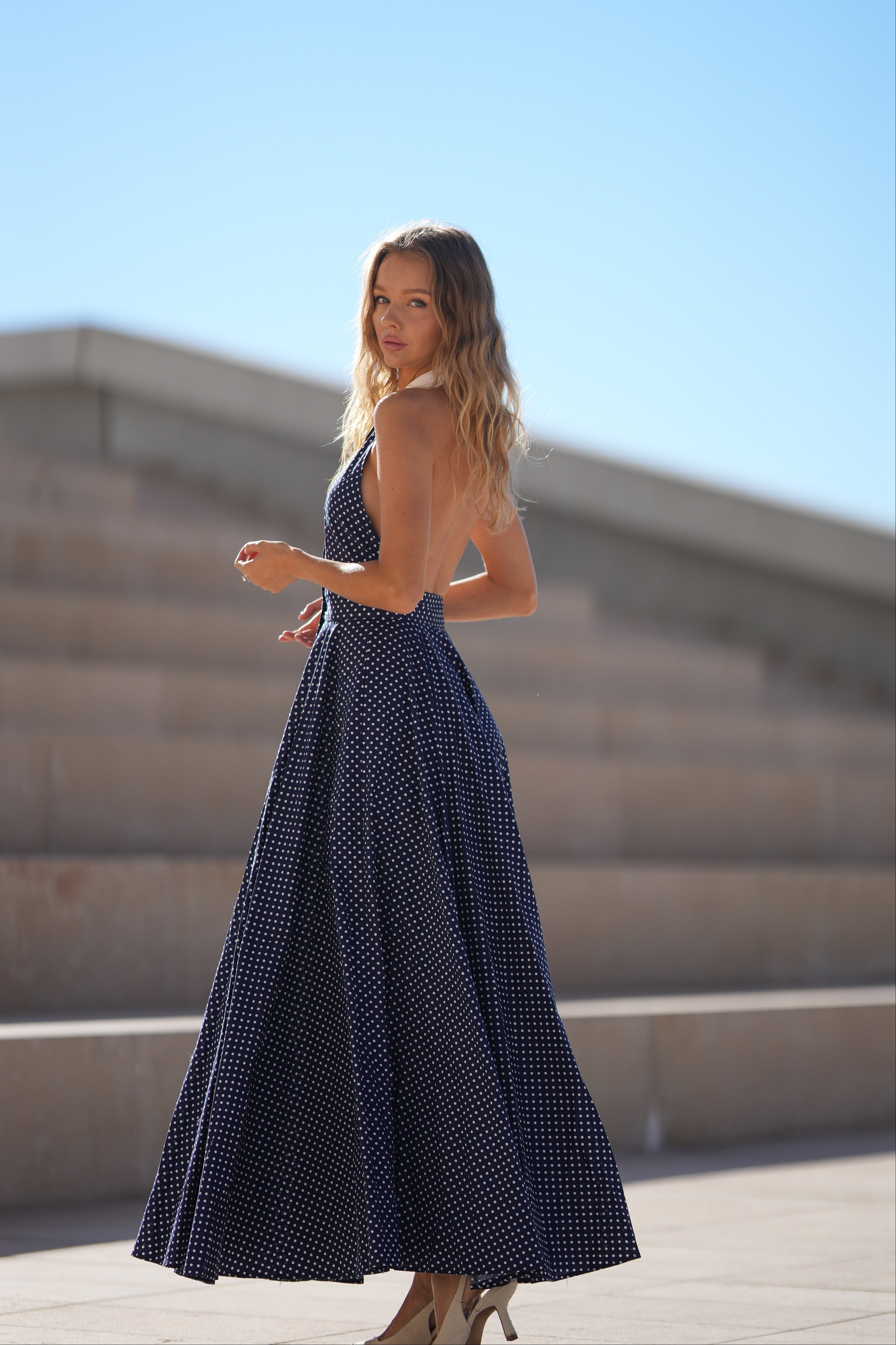 Pure Cotton Collared Halter Maxi Dress (Navy Polka) Pure Cotton Collared Halter Maxi Dress (Navy Polka)