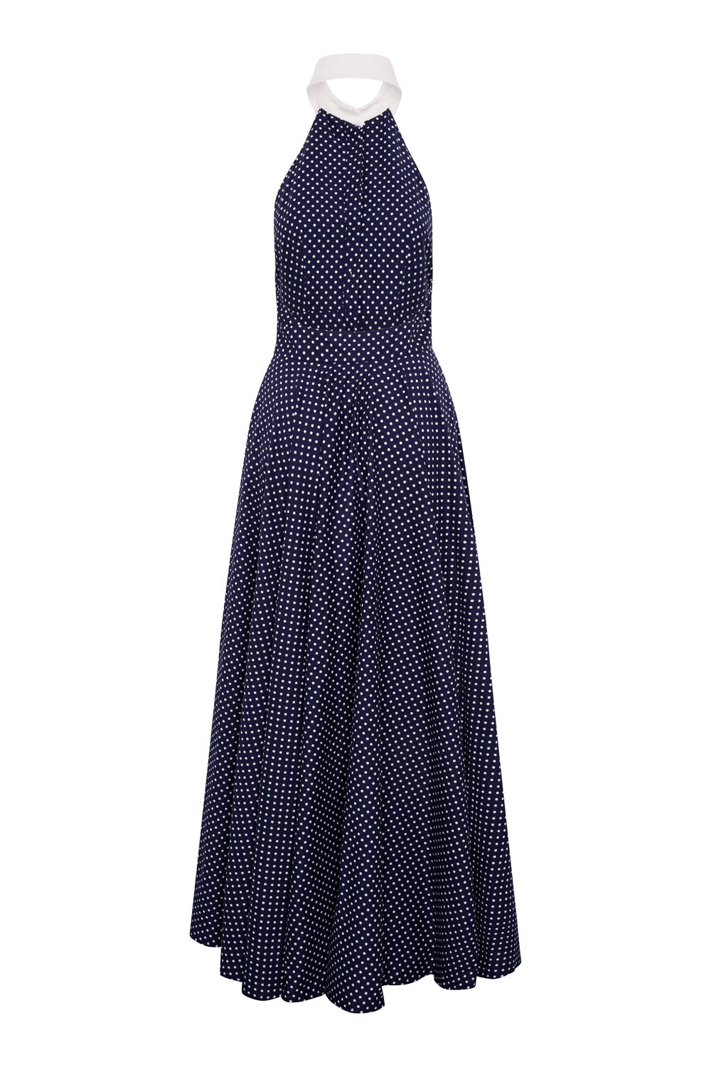 Pure Cotton Collared Halter Maxi Dress (Navy Polka)