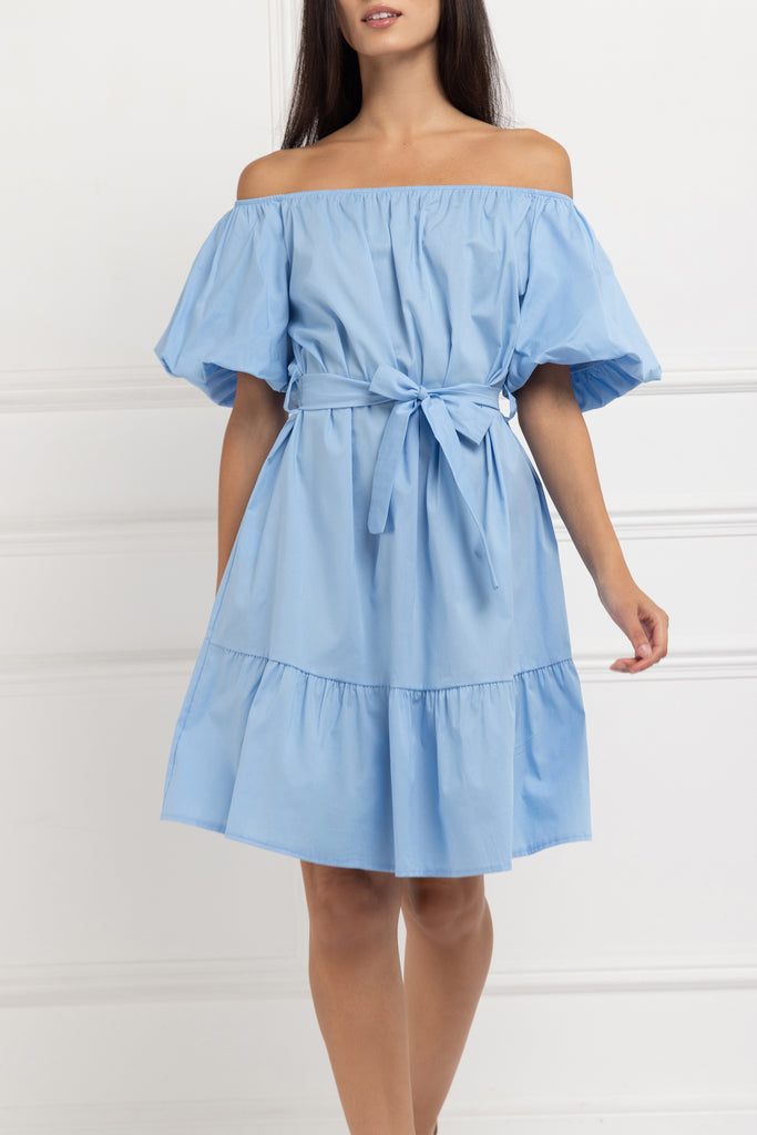 Pure Cotton Puff Sleeve Mini Dress (Powder Blue)