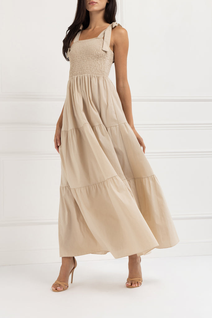 Cotton Tie Shoulder Maxi Dress (Crème)