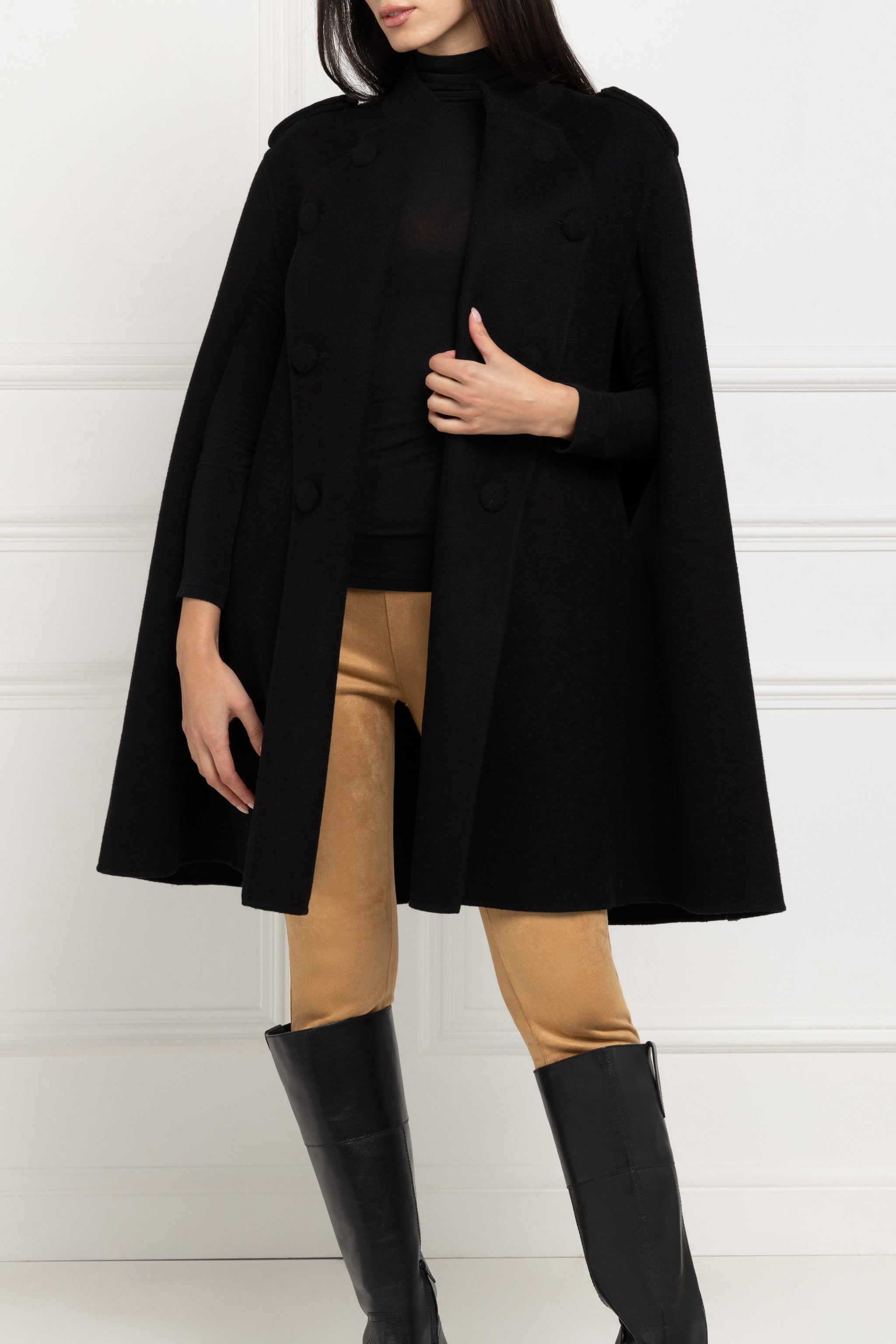 Double Faced Pure Wool Cape Coat (Black) Aavelle - Main Image