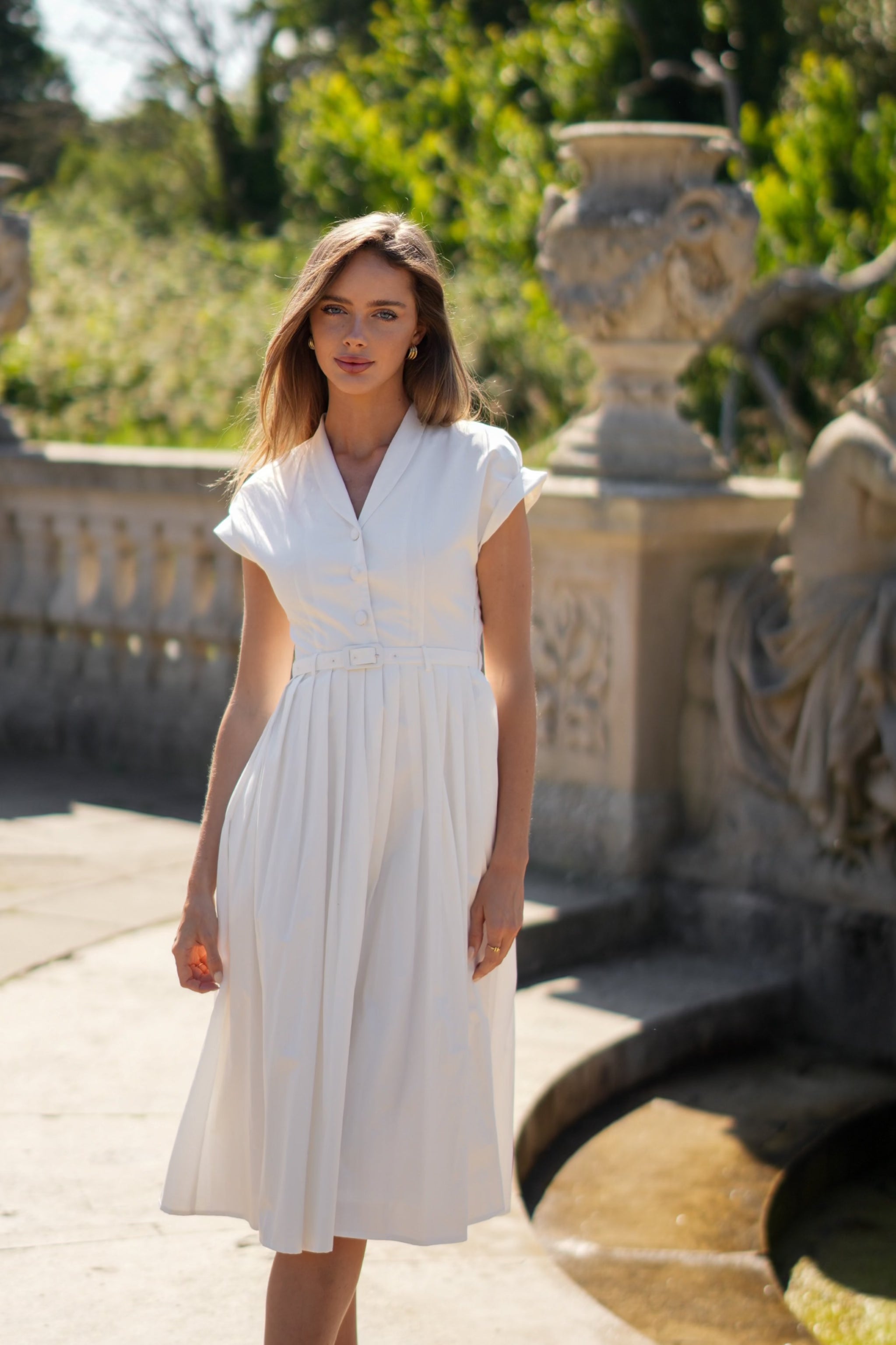 Fitted Bodice Cotton Midi Dress (White) Aavelle