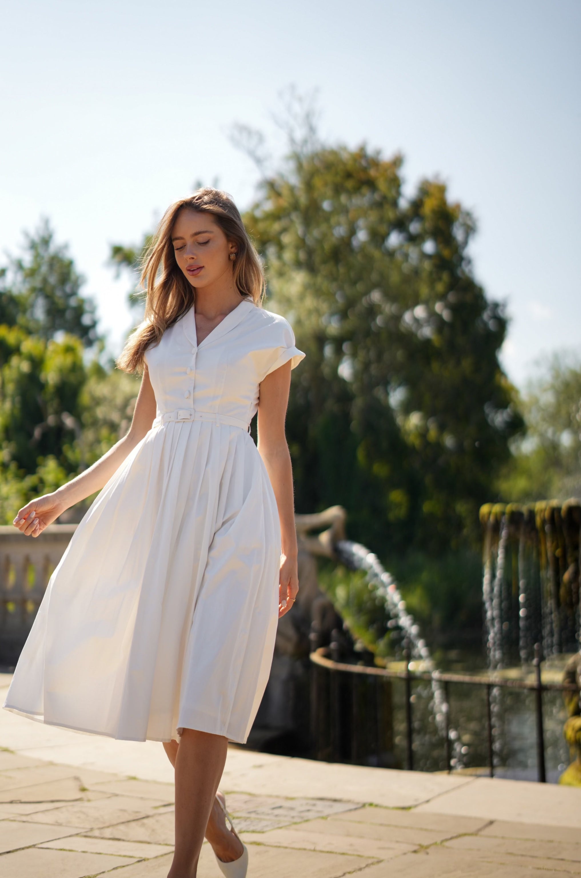 Fitted Bodice Cotton Midi Dress (White) Aavelle