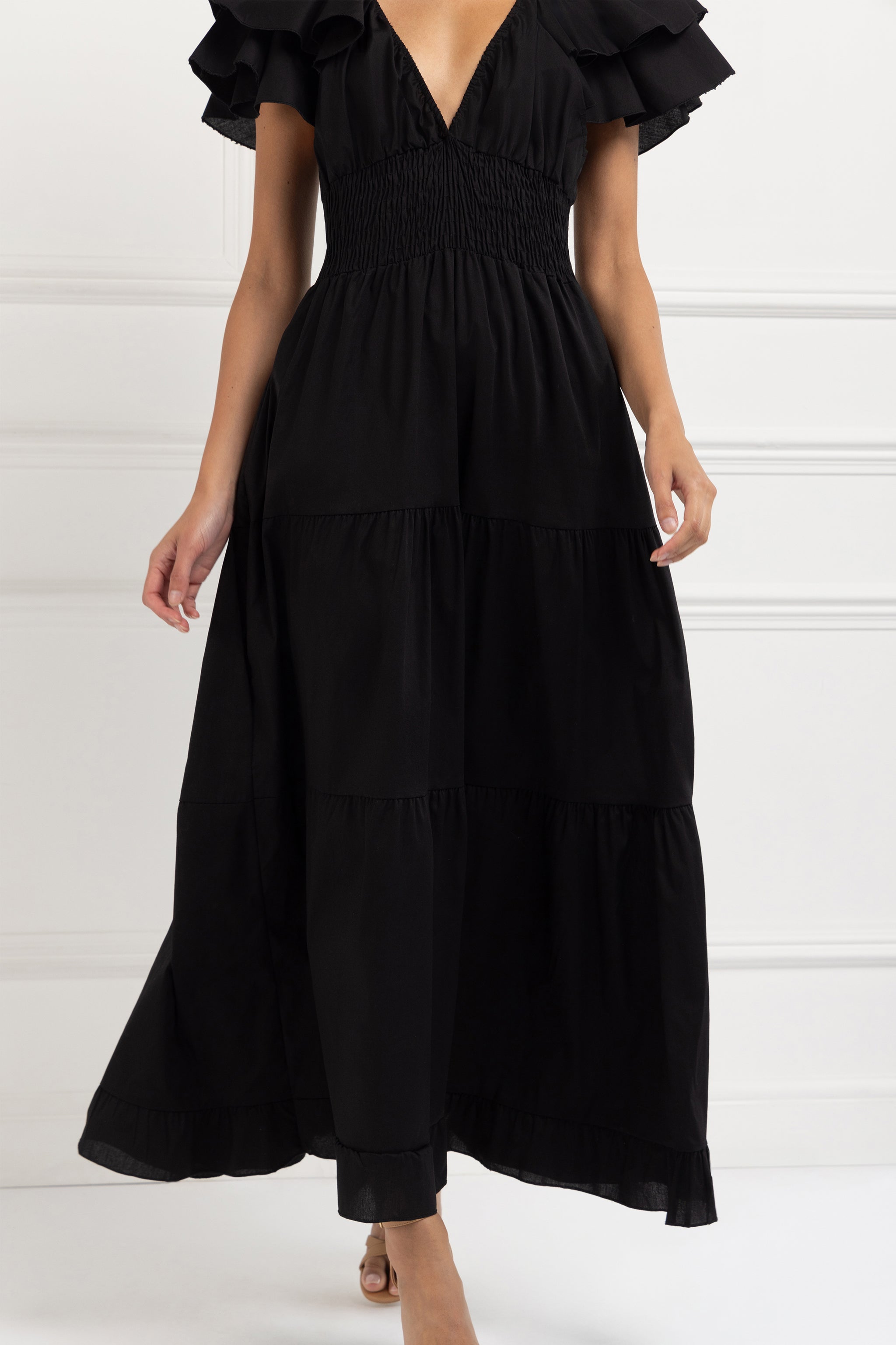 Flutter Sleeve V-Neck Maxi Dress (Black)