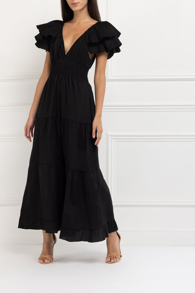 Flutter Sleeve V-Neck Maxi Dress (Black)