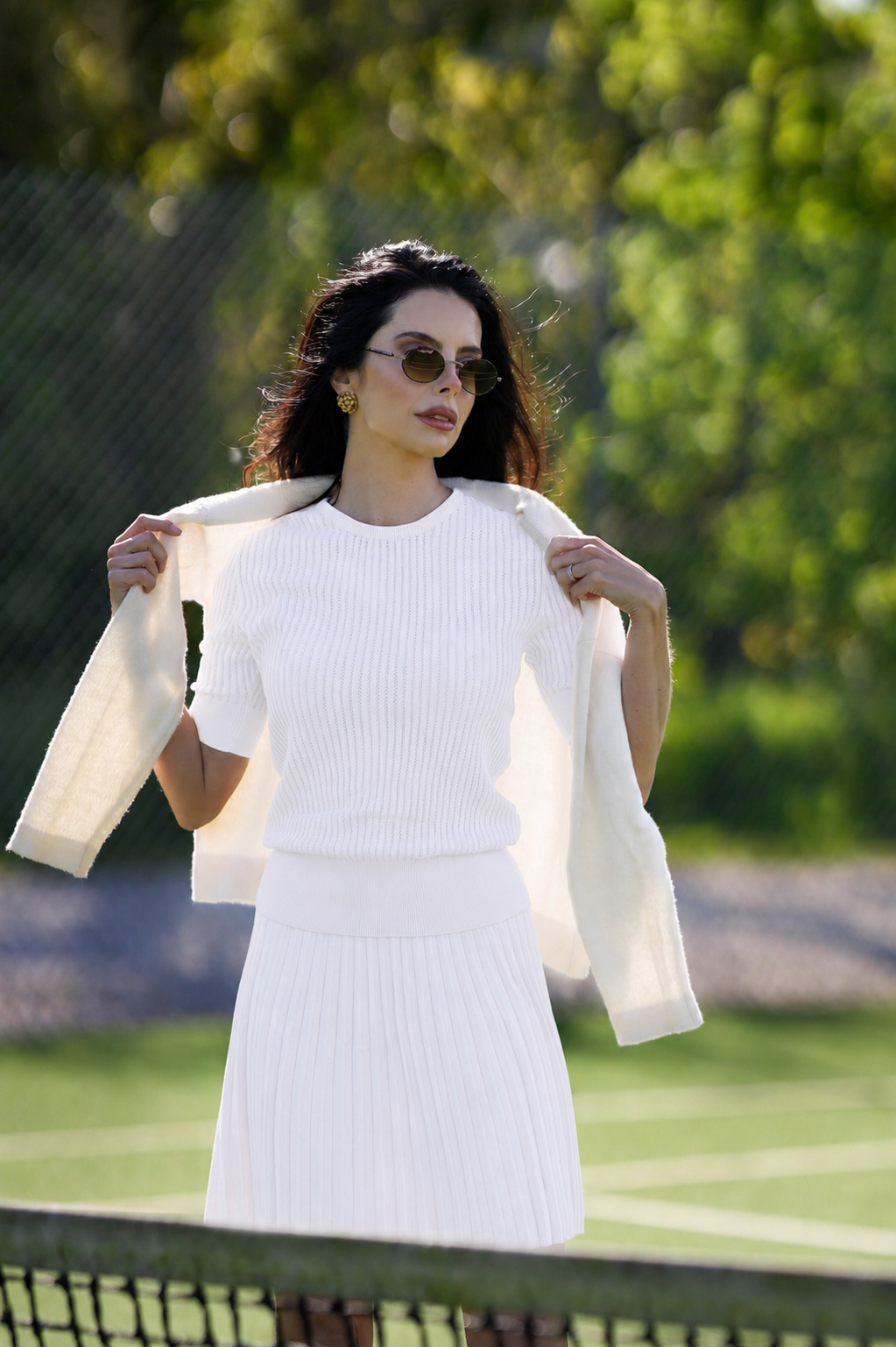 Cotton Open Knit 3/4 Sleeve Top (Chantilly)