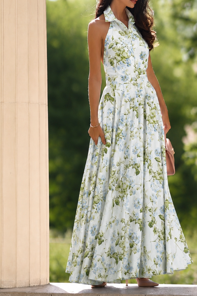 PRE-ORDER Pure Linen Collared Halter Maxi Dress (Hydrangea)