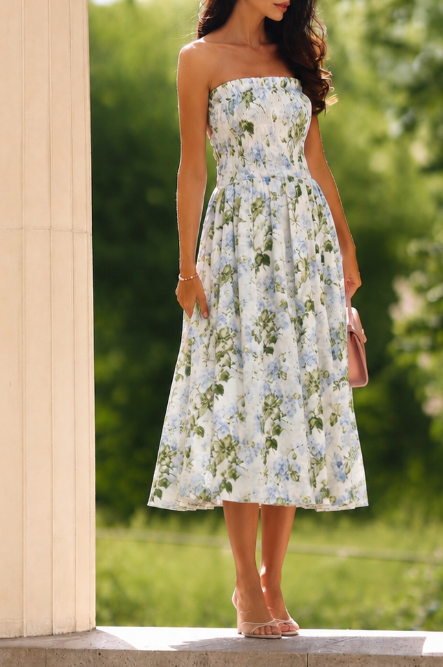 PRE-ORDER Pure Linen Shirred Strapless Midi Dress (Hydrangea)
