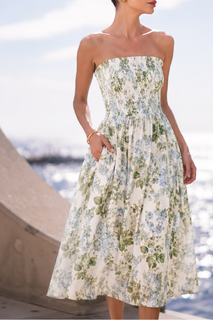PRE-ORDER Pure Linen Shirred Strapless Midi Dress (Hydrangea)