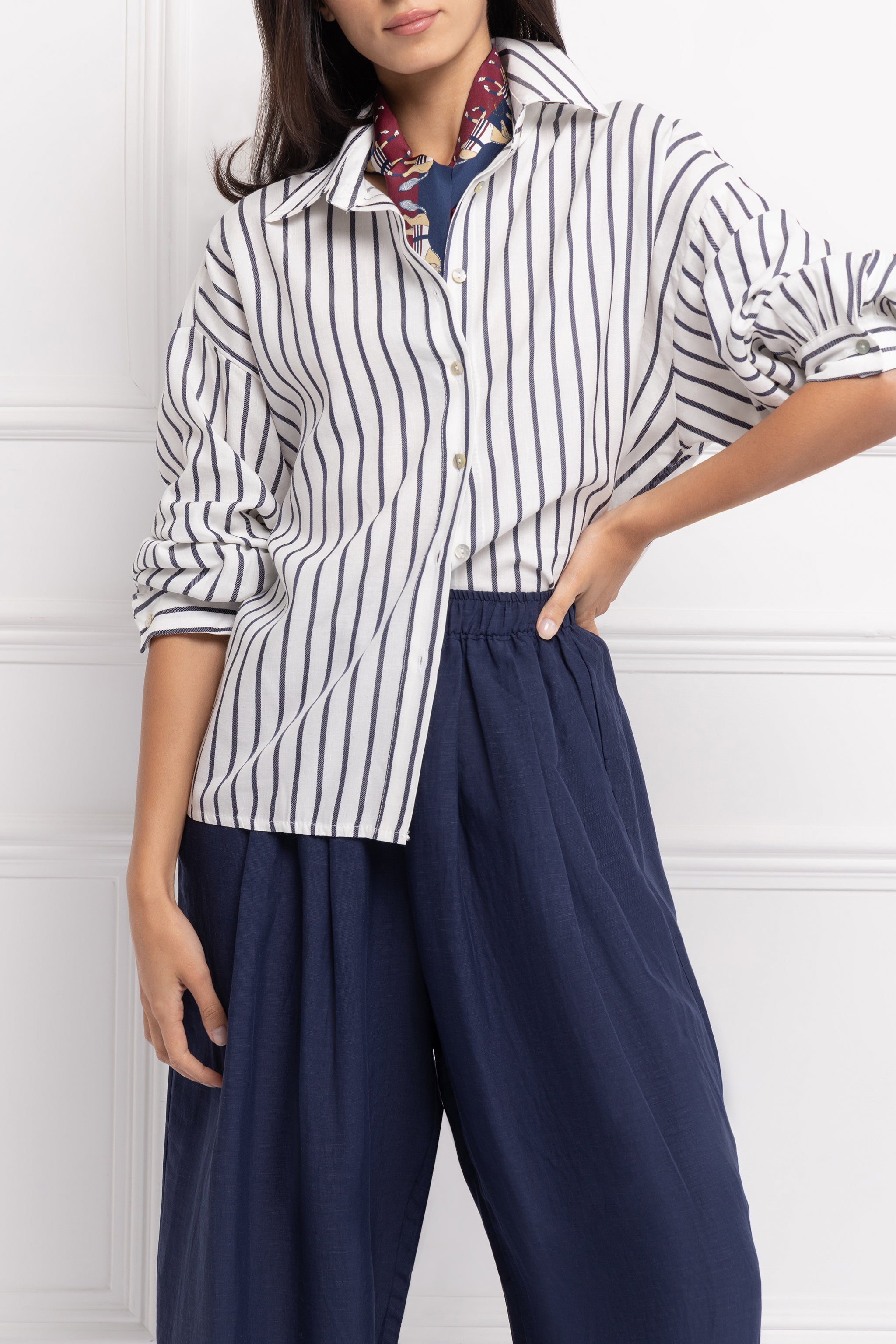 Linen Blend Stripe Shirt (Navy)