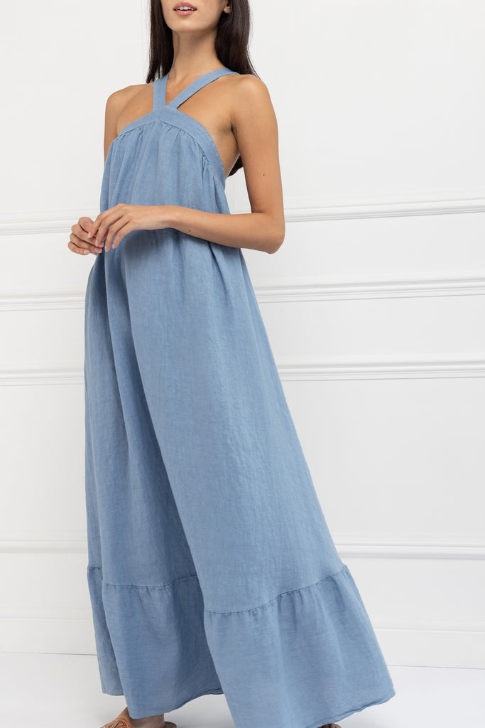 Pure Linen Backless Maxi Dress (Cornflower)