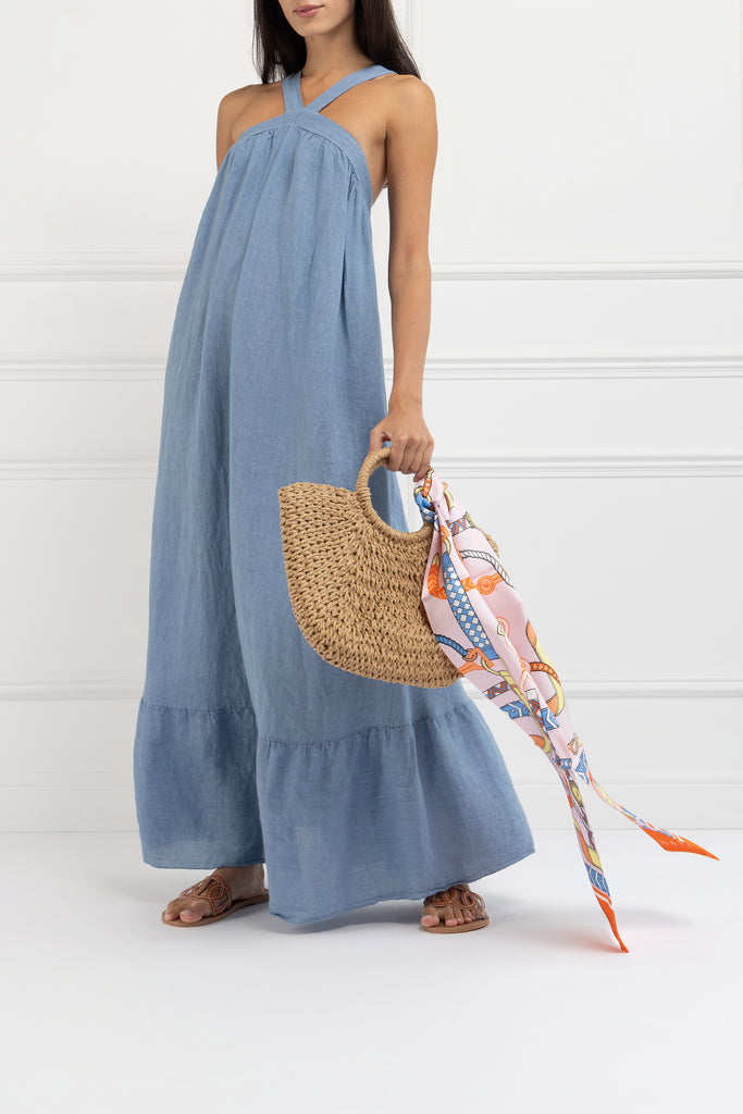 Pure Linen Backless Maxi Dress (Cornflower)
