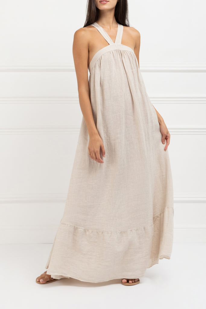 Pure Linen Backless Maxi Dress (Crème)