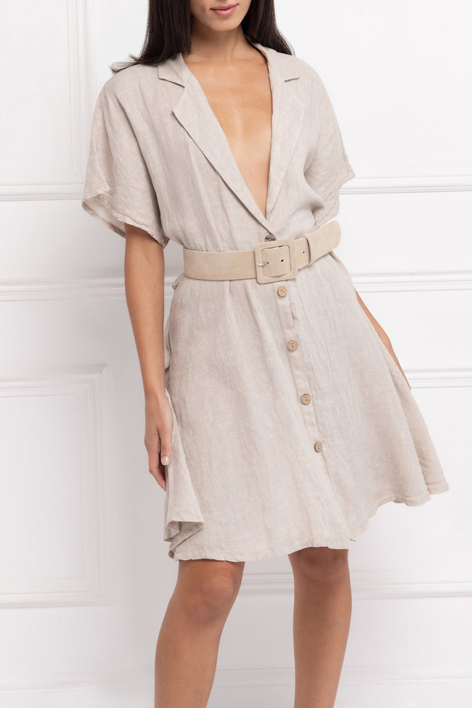 Pure Linen Plunging Shirt Dress (Stone)
