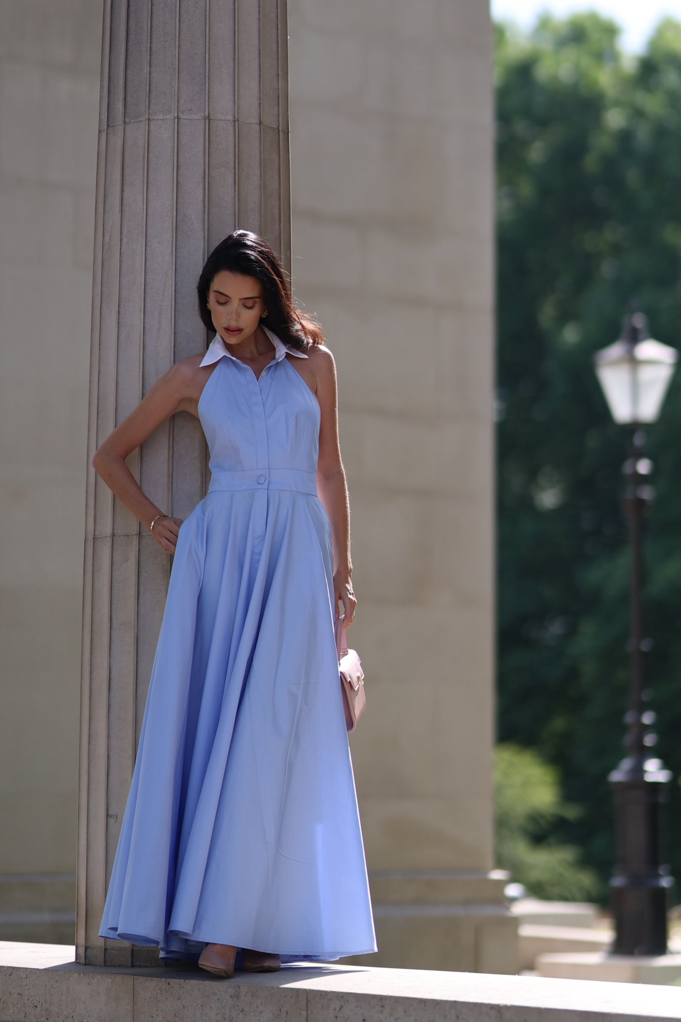 Pure Cotton Collared Halter Maxi Dress (Cornflower) Pure Cotton Collared Halter Maxi Dress (Cornflower)