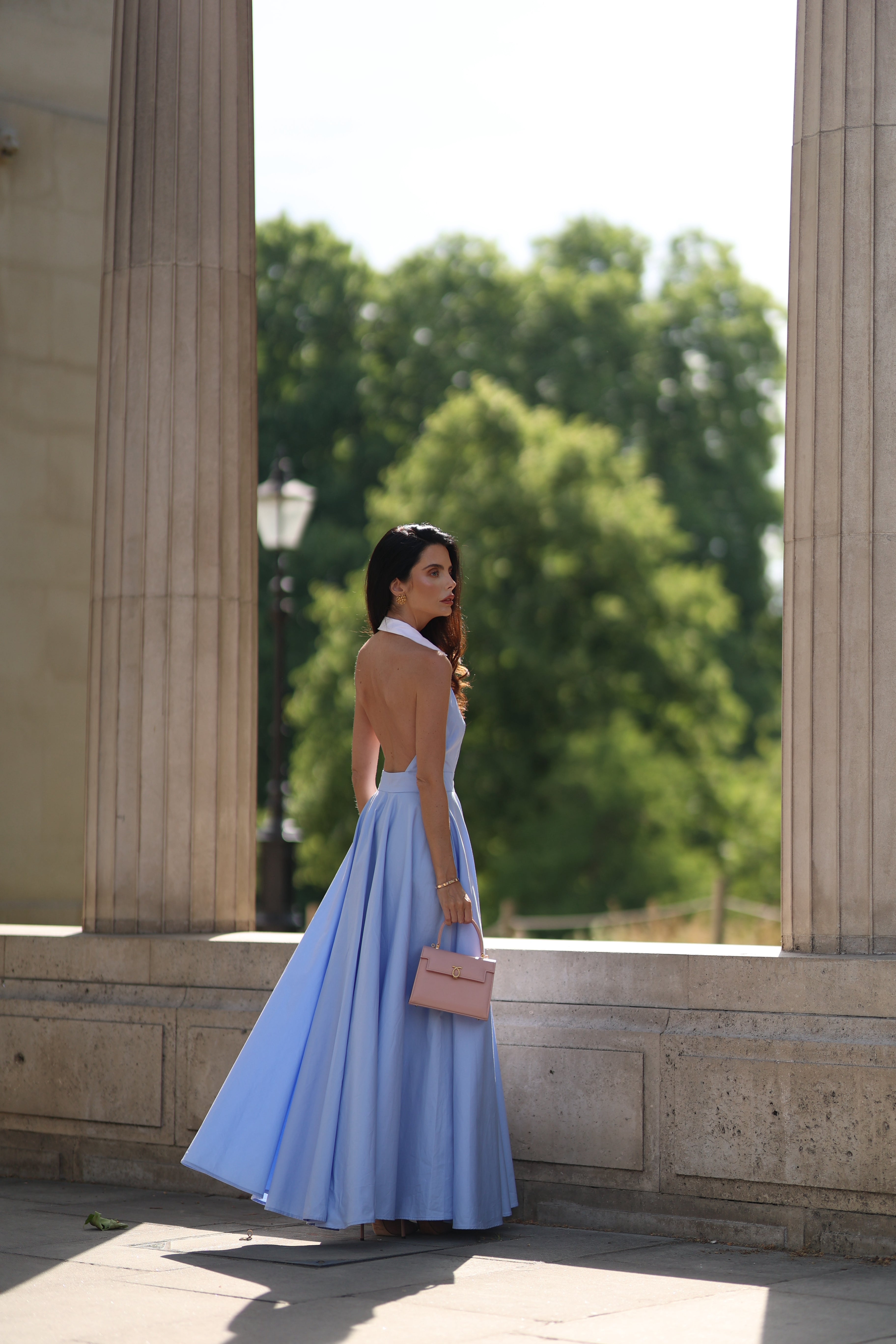 Pure Cotton Collared Halter Maxi Dress (Cornflower) | Aavelle Pure Cotton Collared Halter Maxi Dress (Cornflower) | Aavelle