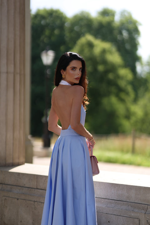 Pure Cotton Collared Halter Maxi Dress (Cornflower)