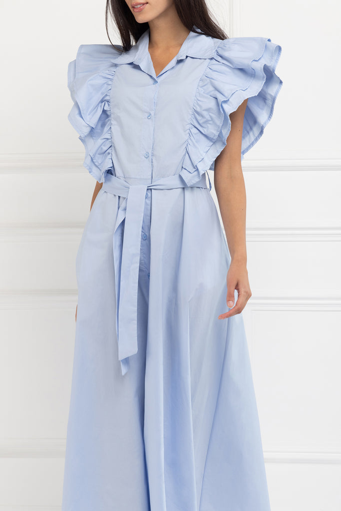 Ruffle Sleeve Maxi Shirt Dress (Powder Blue)