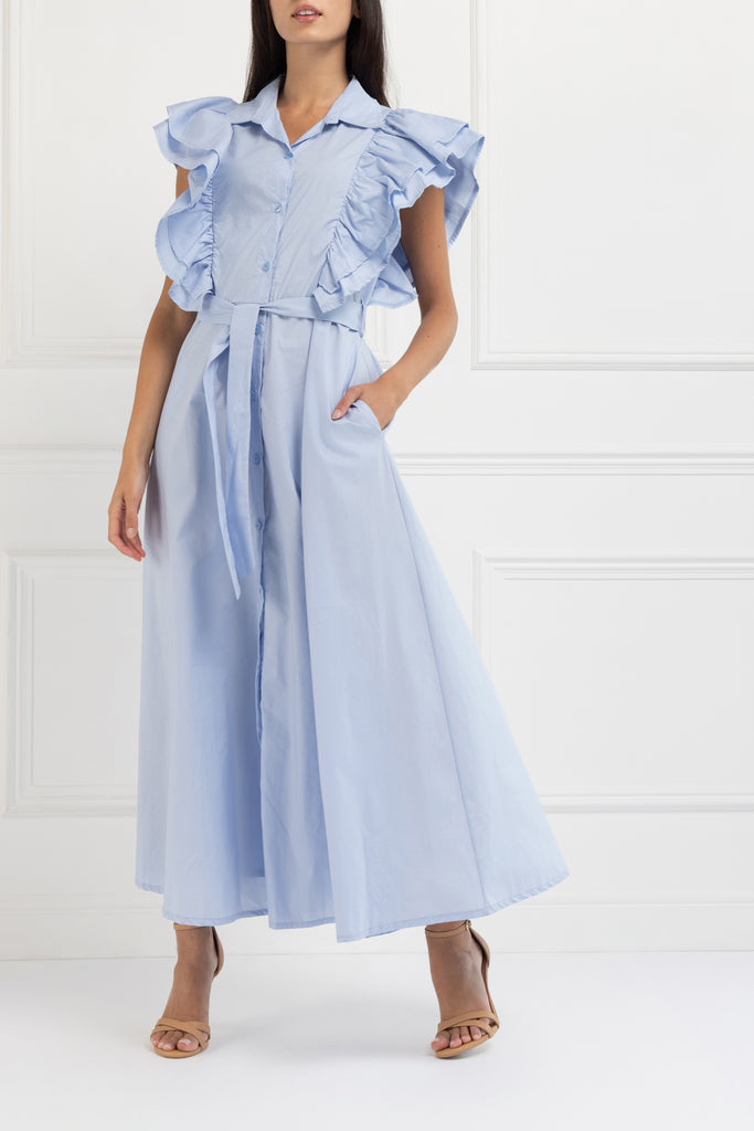 Ruffle Sleeve Maxi Shirt Dress (Powder Blue)