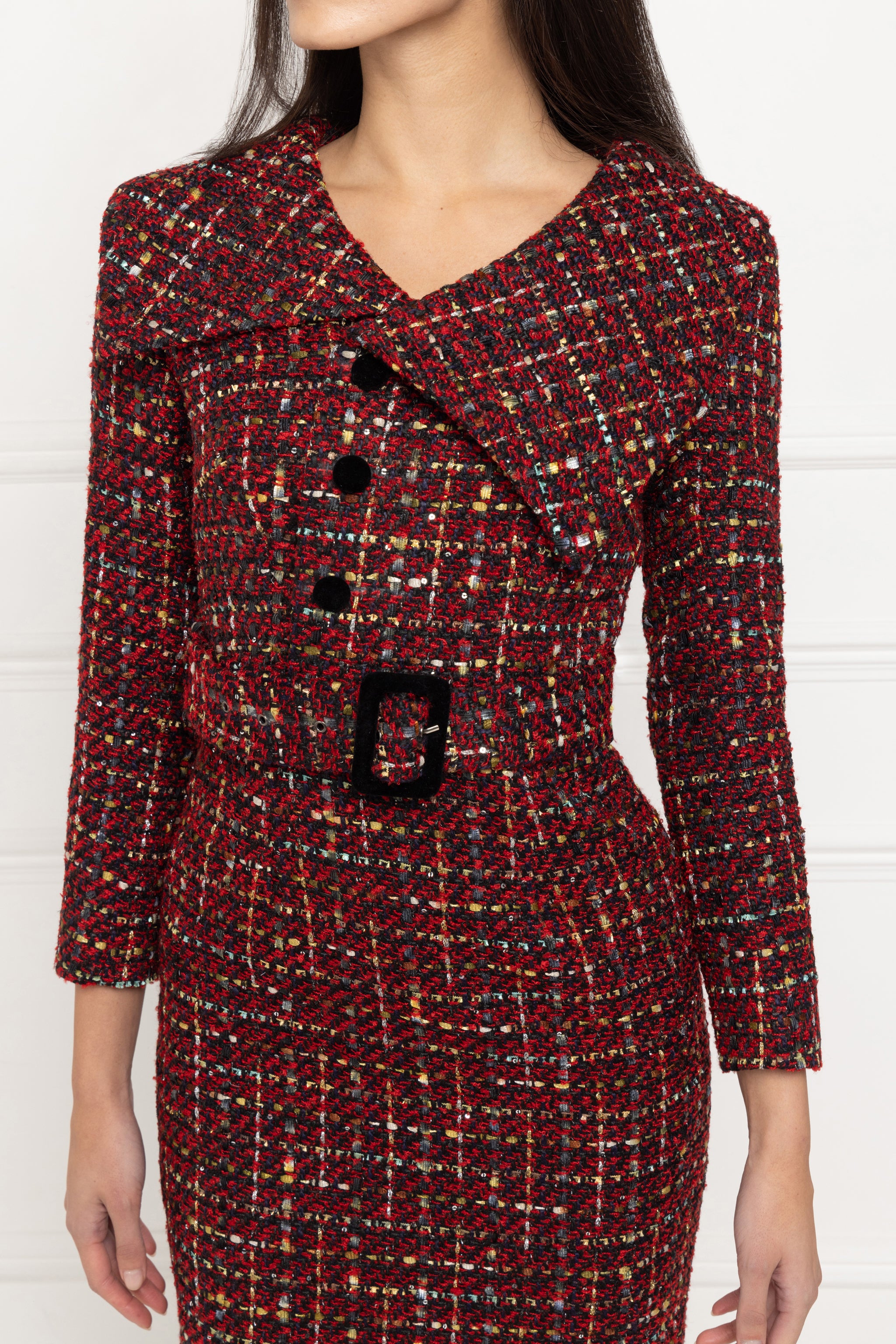 Tweed Belted Pencil Dress (Poinsettia)