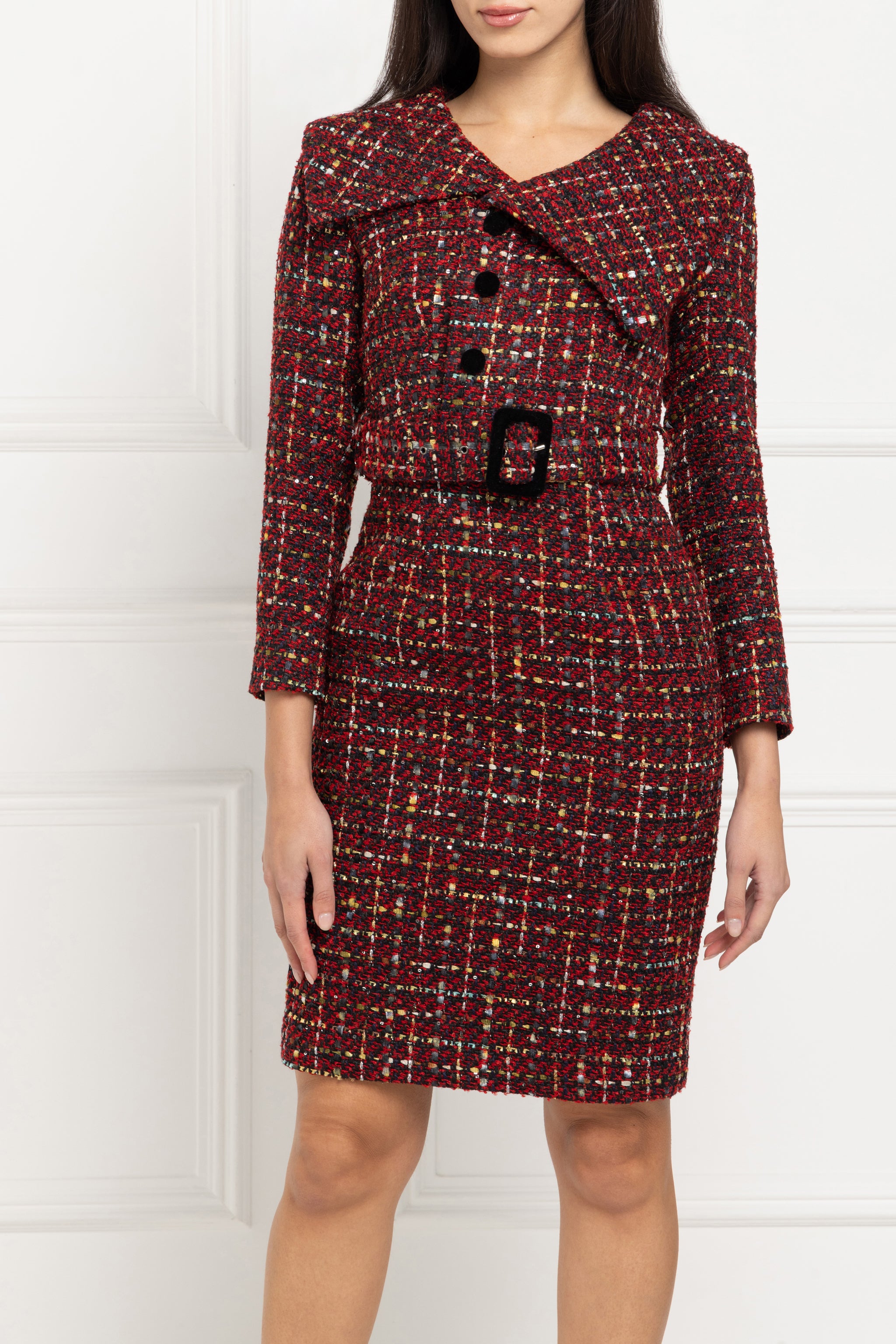 Tweed Belted Pencil Dress (Poinsettia)