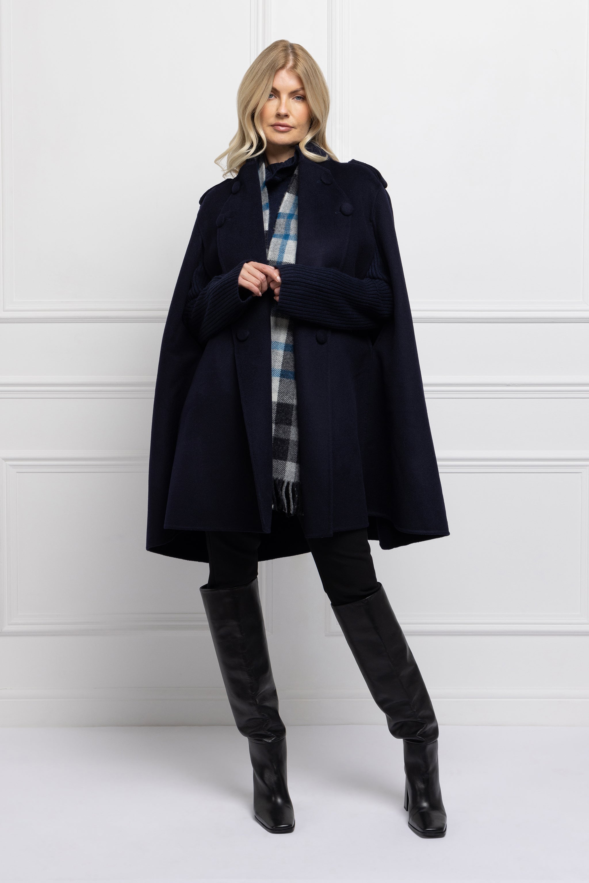 Double Faced Pure Wool Cape Coat (Navy)