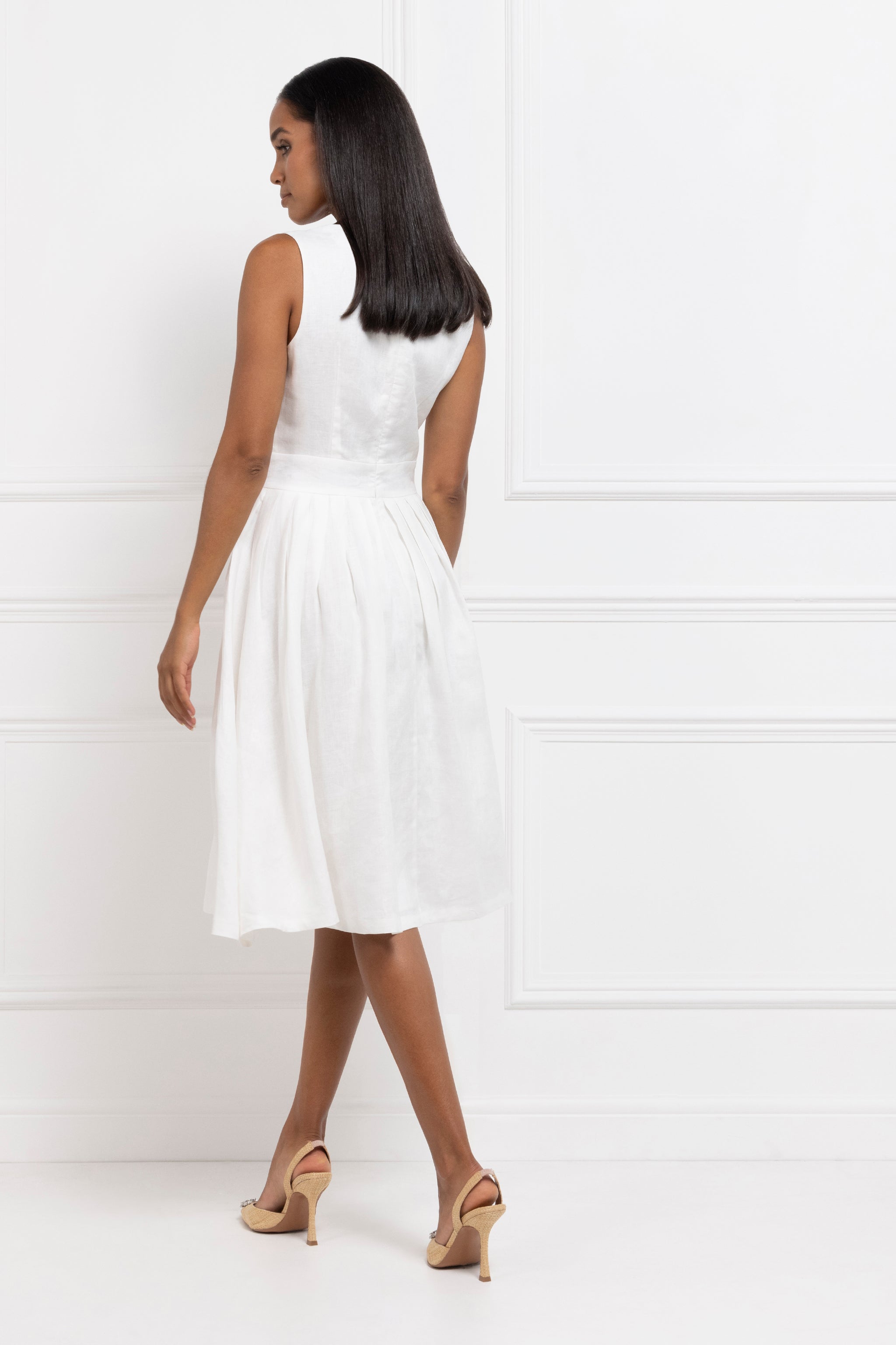 Full Skirt Linen Dress (White)