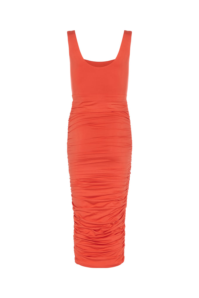 Ruched Bodycon Midi Dress (Coral)